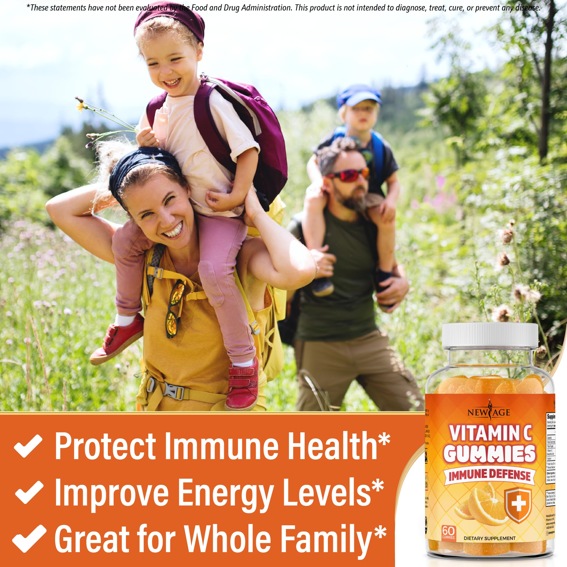 NEW AGE Vitamin C Gummies Orange serving for family use and daily vitamin routine.