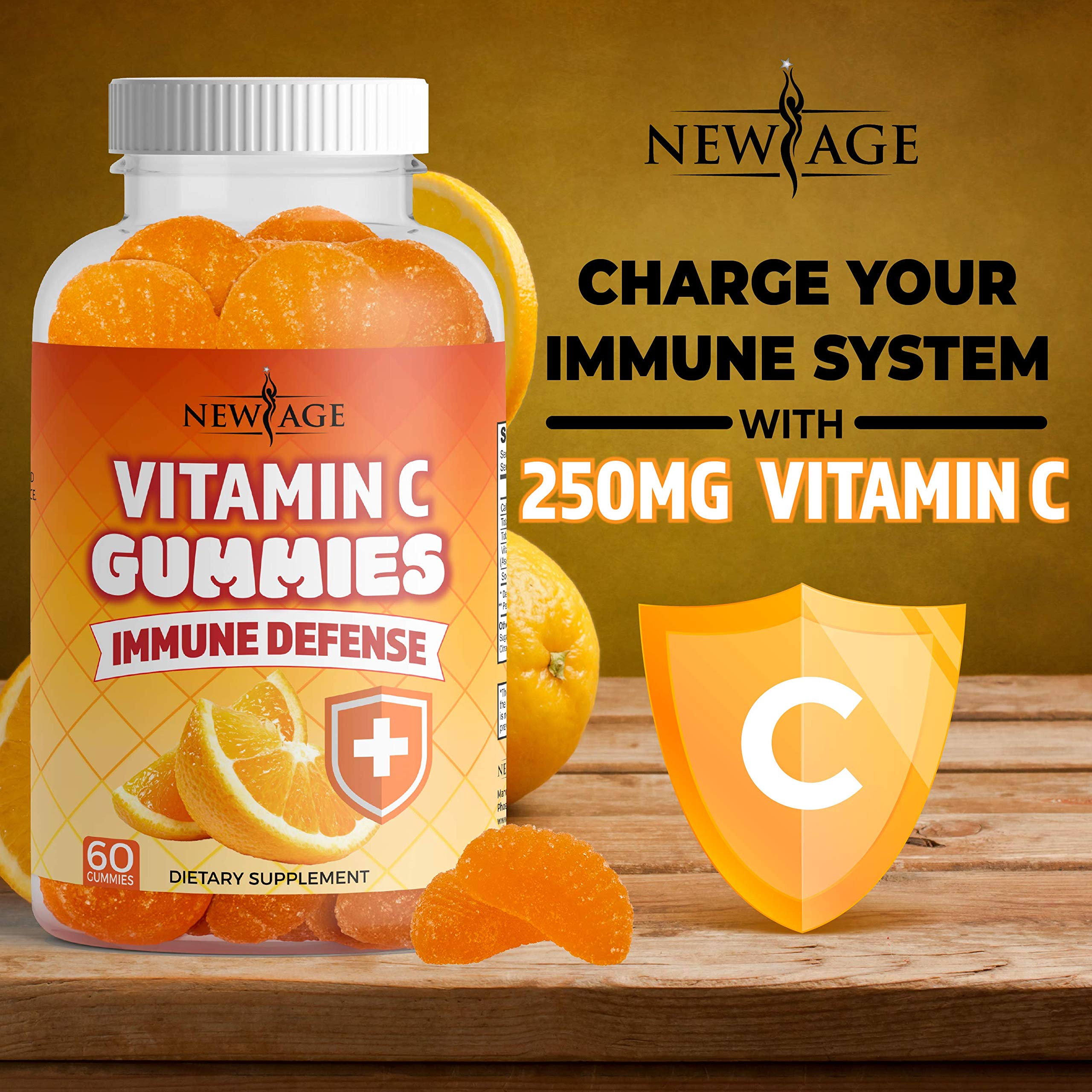 NEW AGE Vitamin C Gummies Orange closeup, vibrant color and citrus aroma for a tasty daily routine.