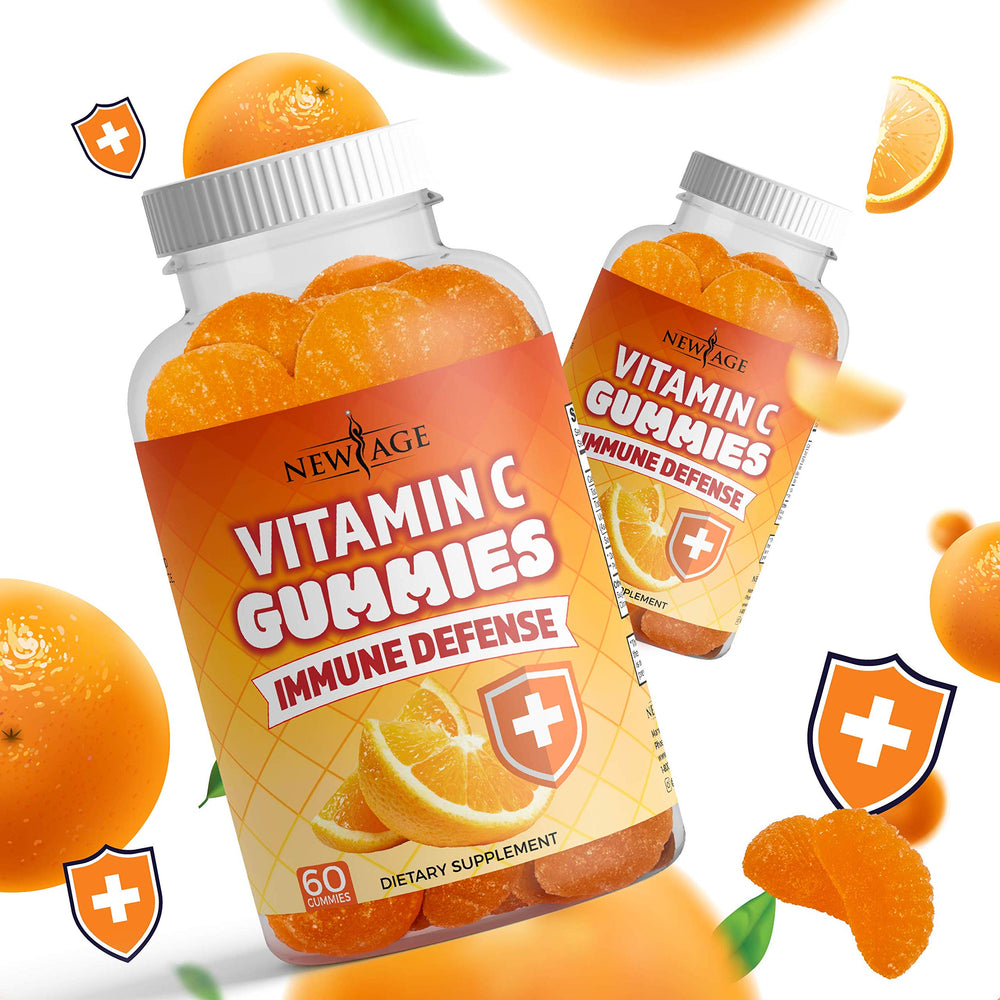 NEW AGE Vitamin C Gummies Orange gluten-free symbol on bottle, promoting dietary inclusivity.