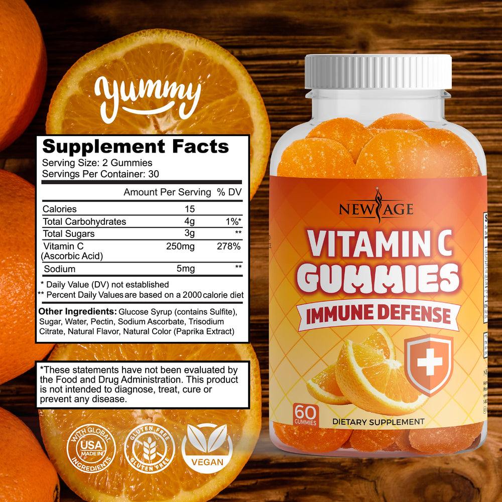 NEW AGE Vitamin C Gummies Orange gummies closeup highlighting bright orange flavor and chewy texture.