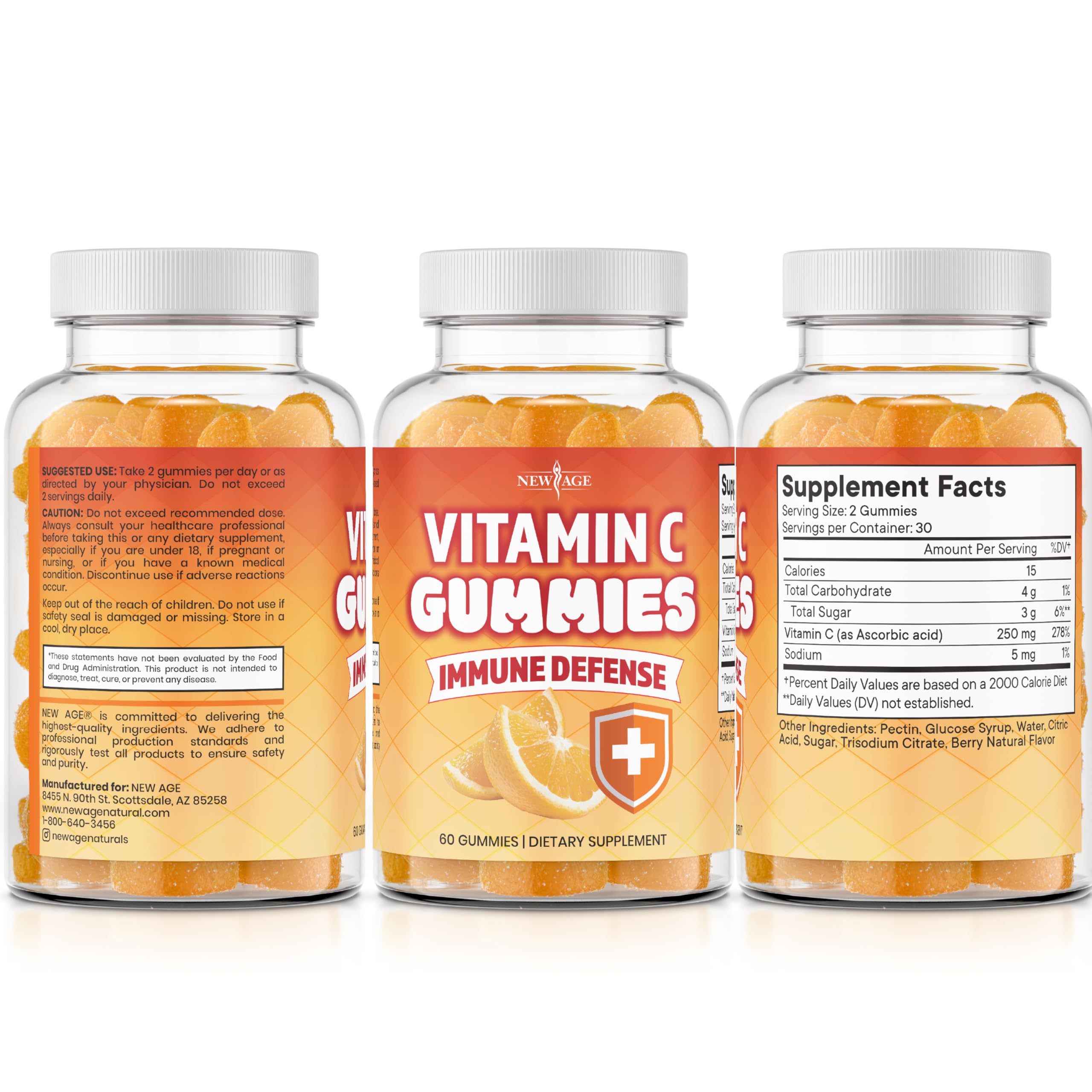 NEW AGE Vitamin C Gummies Orange label closeup showing 180-count packaging.
