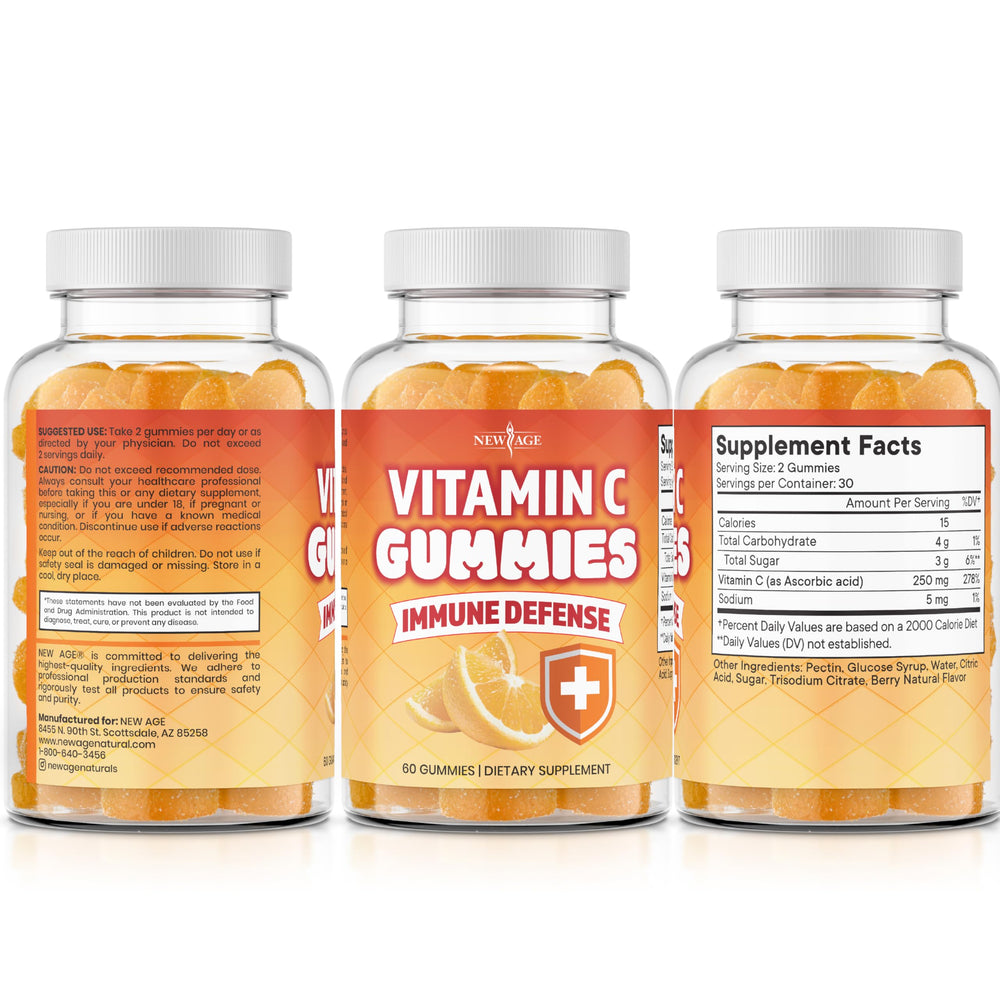 NEW AGE Vitamin C Gummies Orange label closeup showing 180-count packaging.