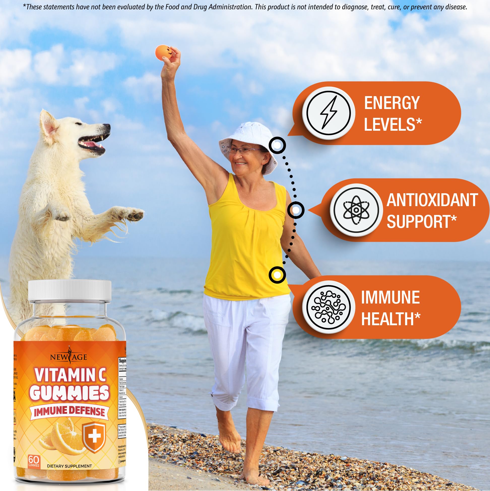 NEW AGE Vitamin C Gummies Orange serving scene shows a family-friendly daily intake.