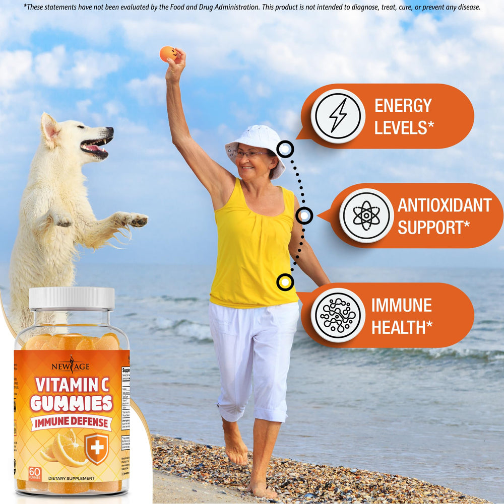 NEW AGE Vitamin C Gummies Orange serving scene shows a family-friendly daily intake.