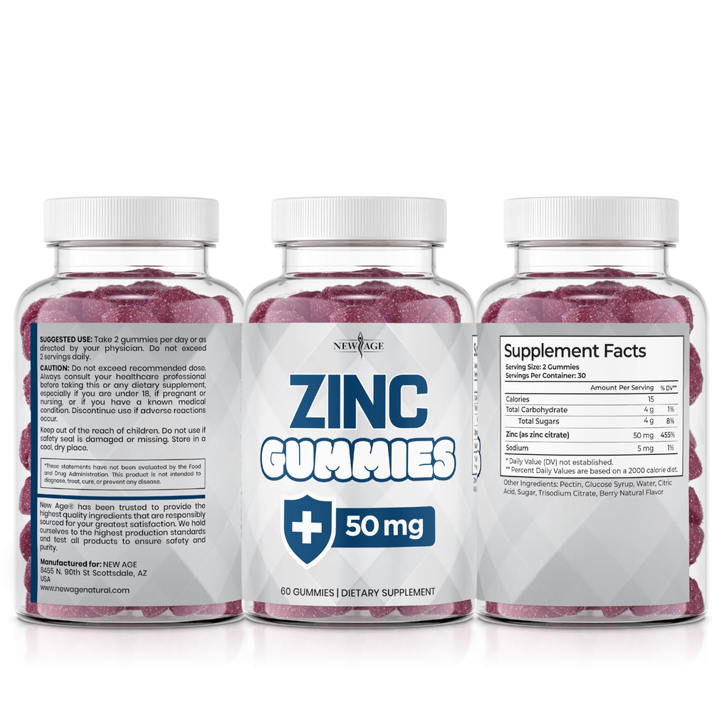 NEW AGE Zinc Gummies allergen-free badge emphasizes safe ingredient choices.