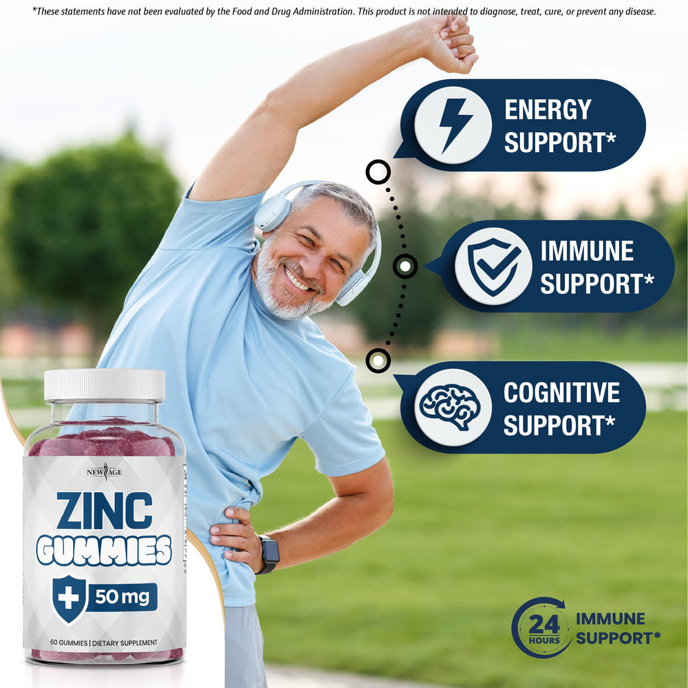 New Age Zinc Gummies bottle back reveals allergen-free and non-GMO status.
