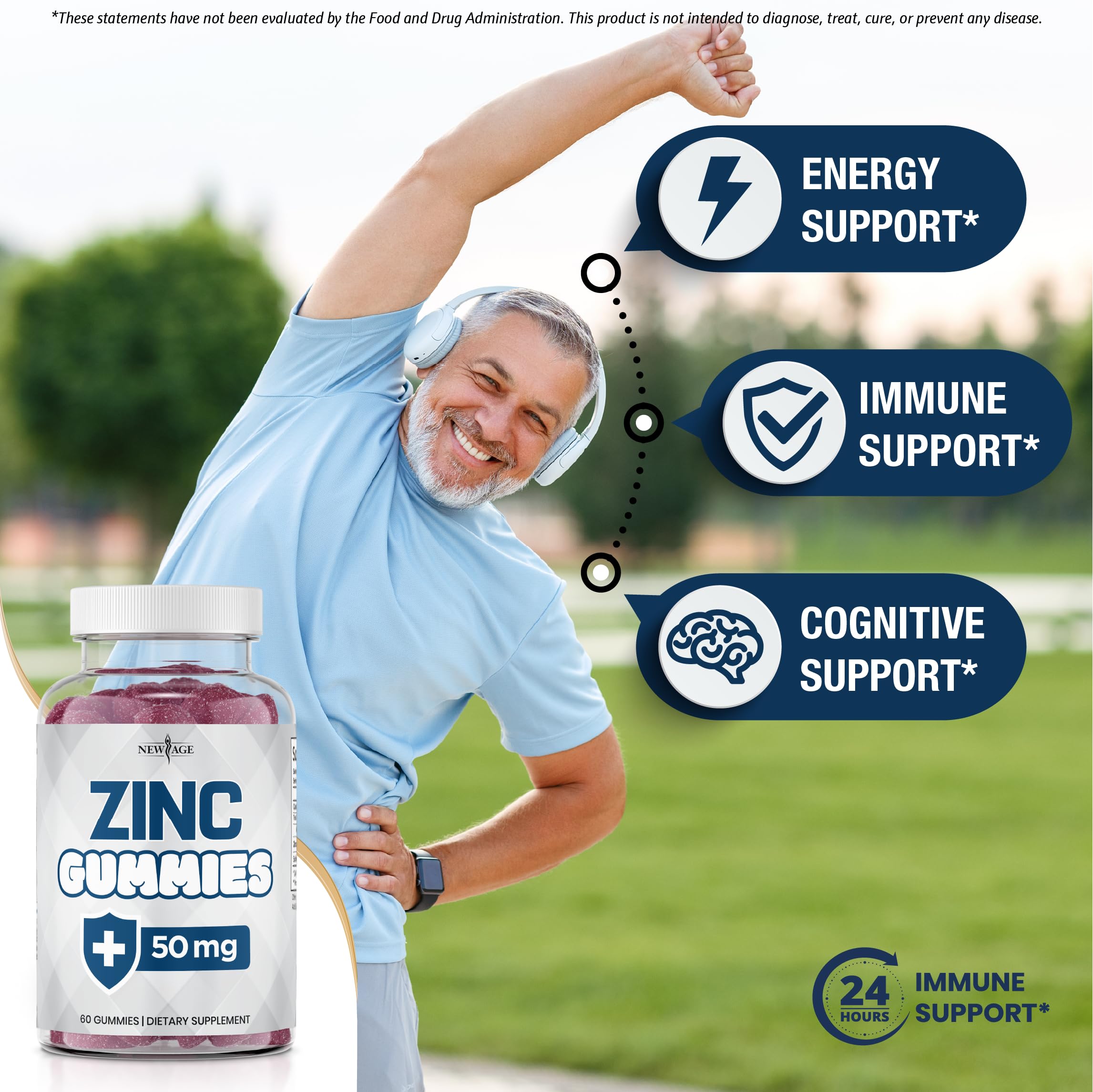 Close-up of NEW AGE Zinc Gummies showing chewy texture for pleasant daily intake.