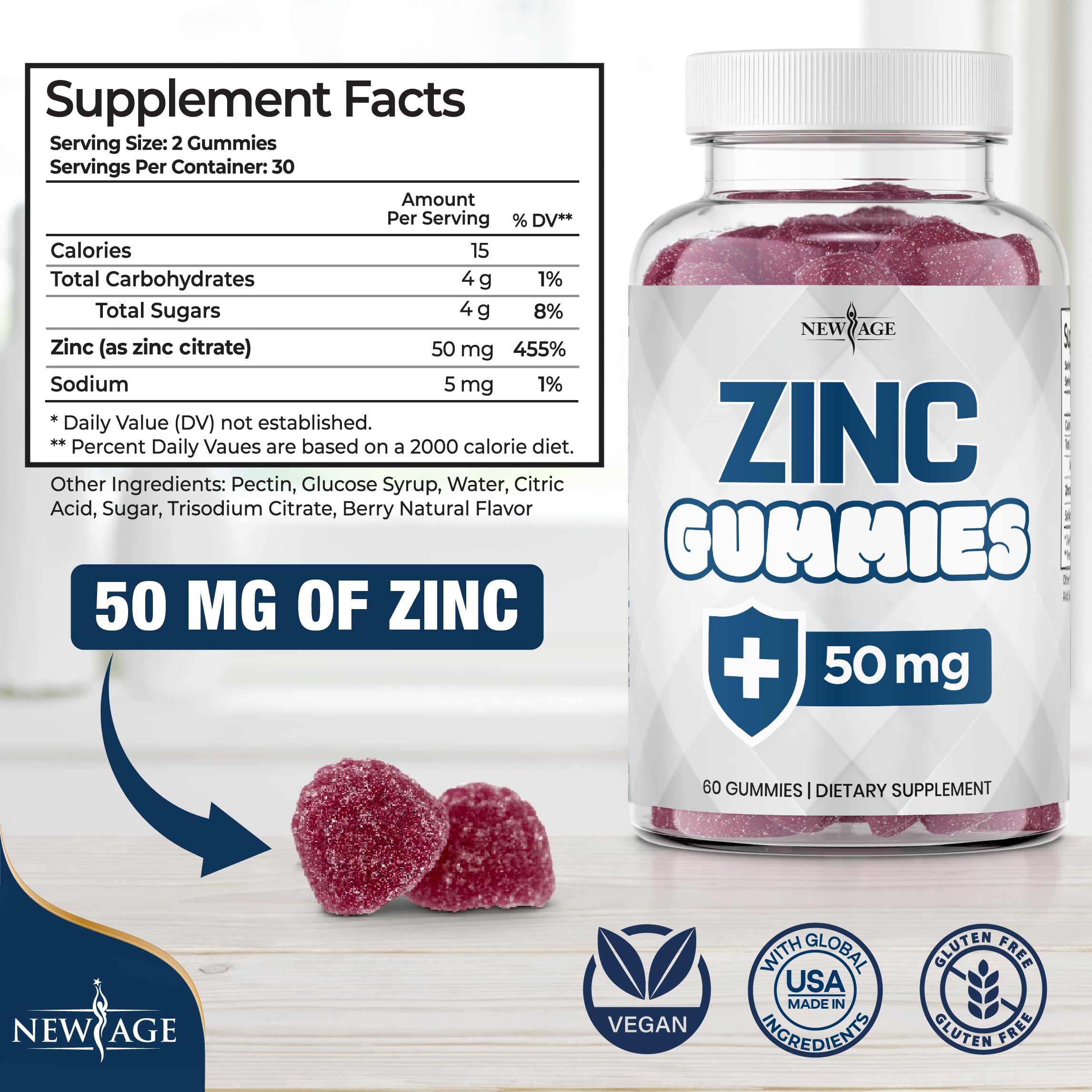 Close-up of New Age Zinc Gummies label showing 50 mg per gummy.