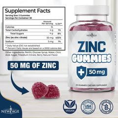 Close-up of New Age Zinc Gummies label showing 50 mg per gummy.