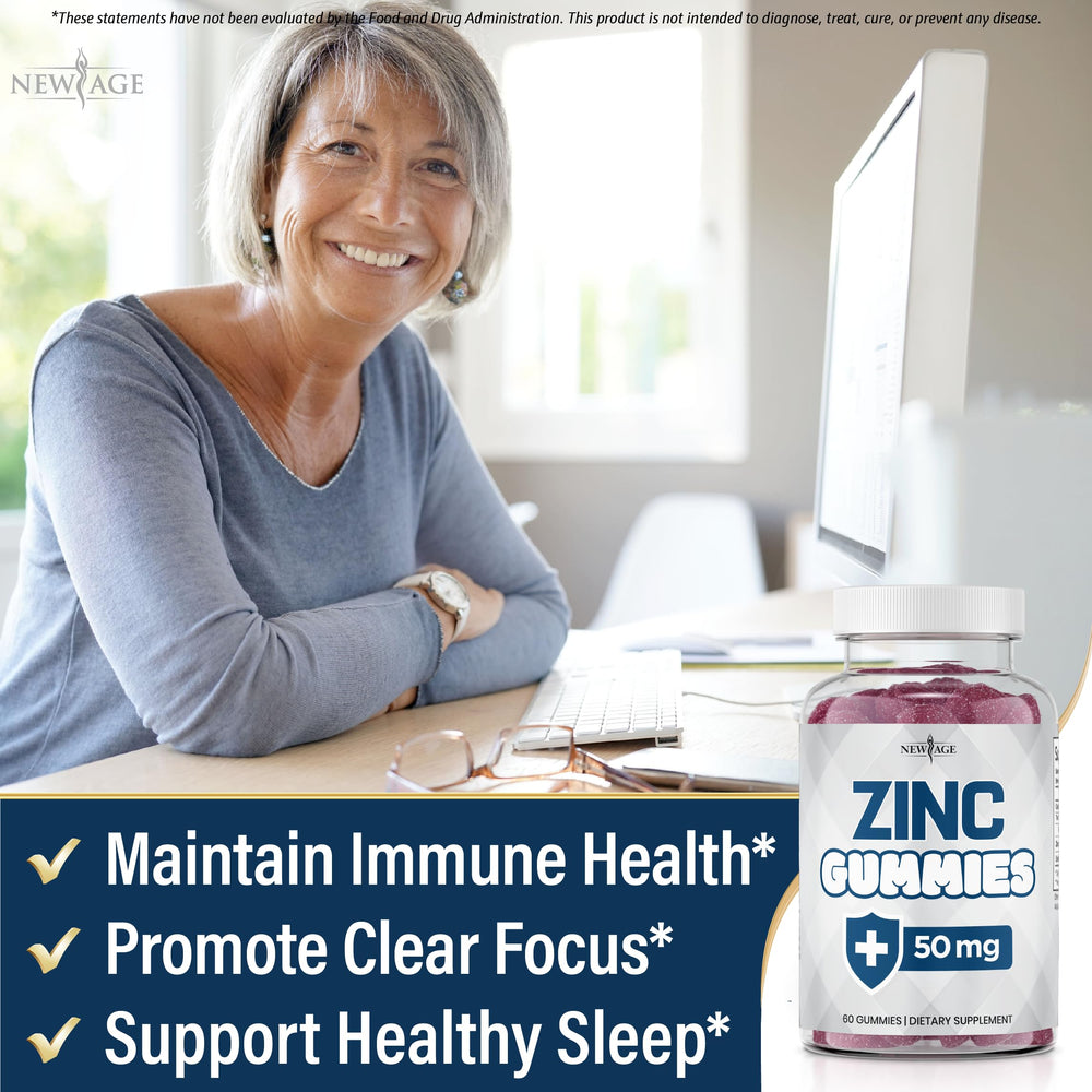 NEW AGE Zinc Gummies label highlights 50mg zinc and non-GMO promise.