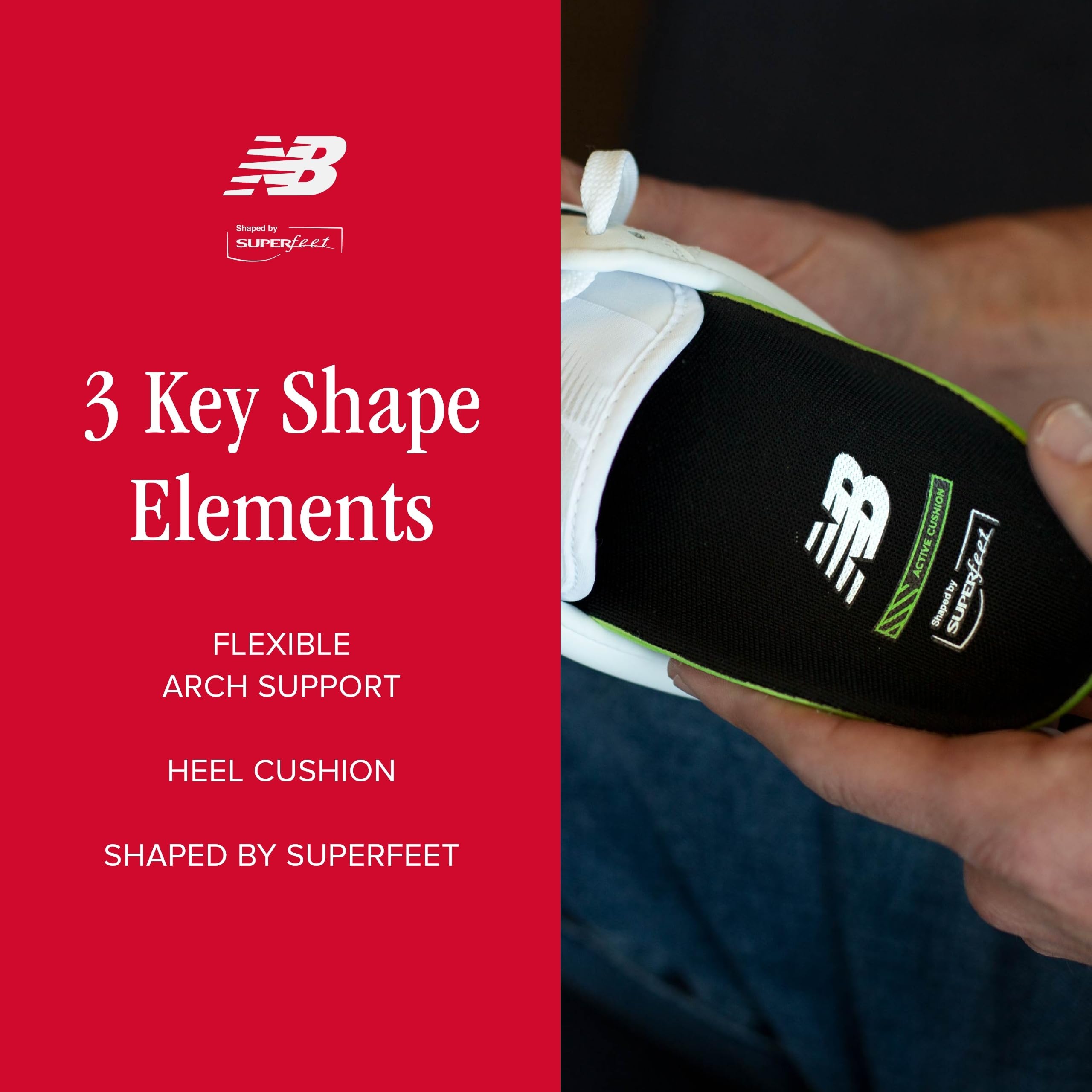 New Balance Sport Active Cushion insoles fit men 9.5–11 and women 10.5–12 for versatile use.