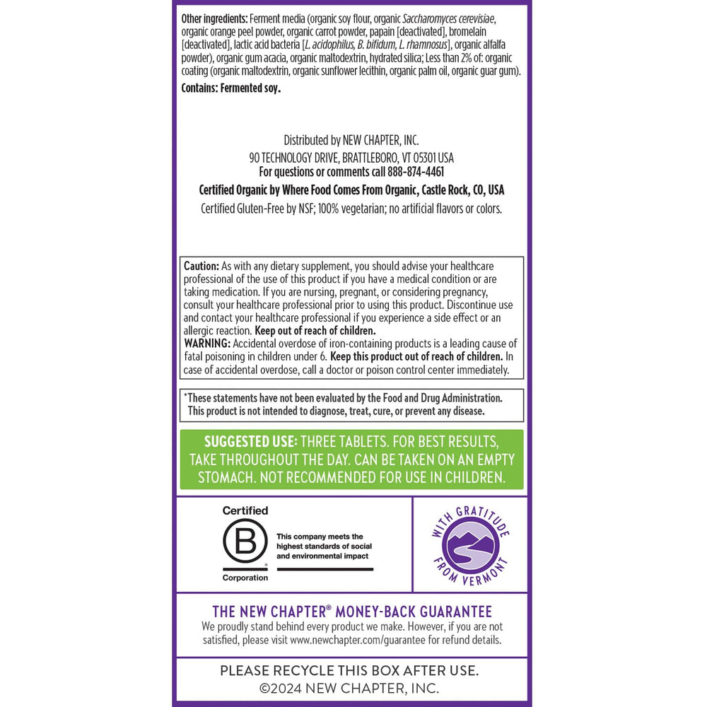 New Chapter Advanced Prenatal bottle label shows organic vegetable and herb sourcing.