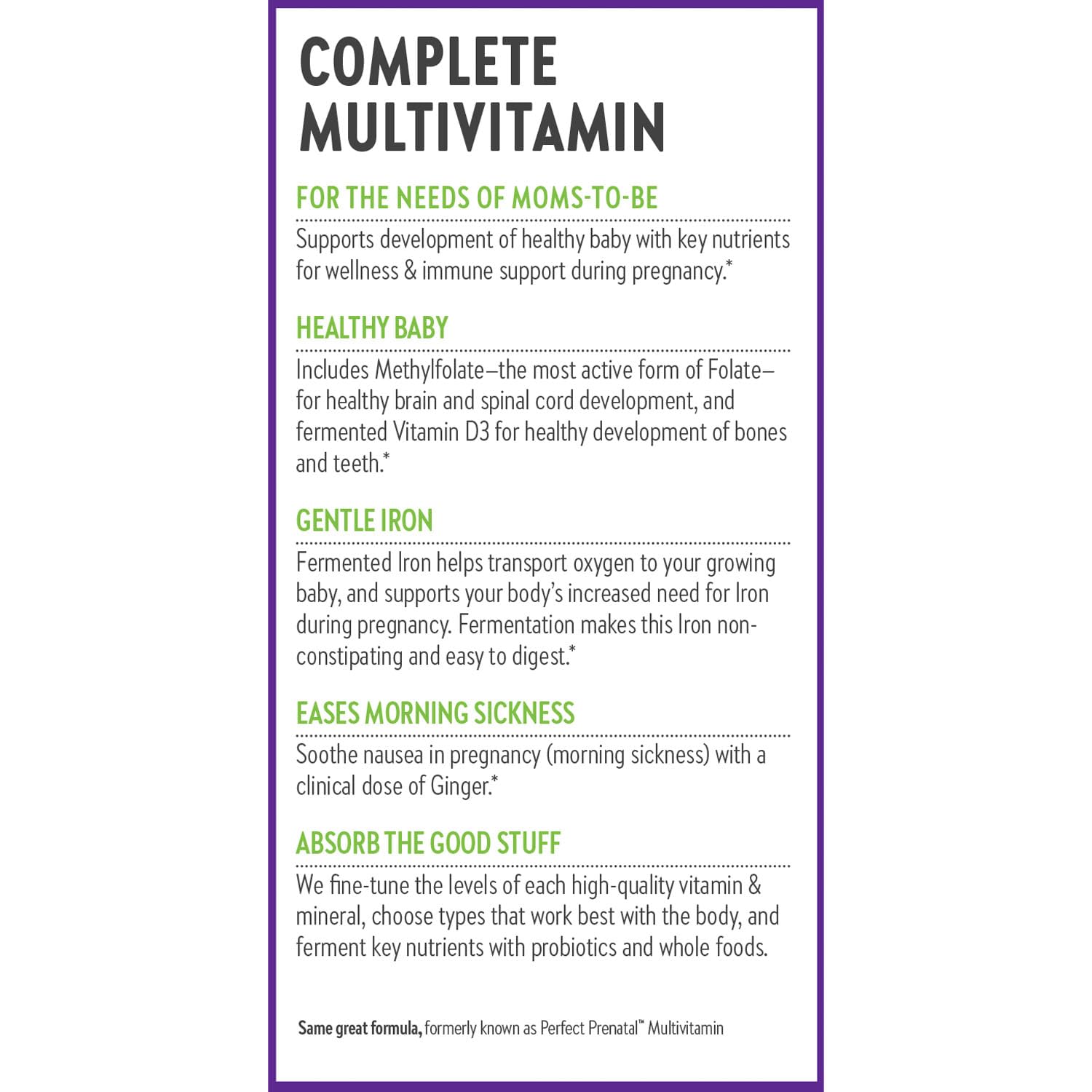 New Chapter Advanced Perfect Prenatal label highlights organic vegetables and non-GMO certifications.