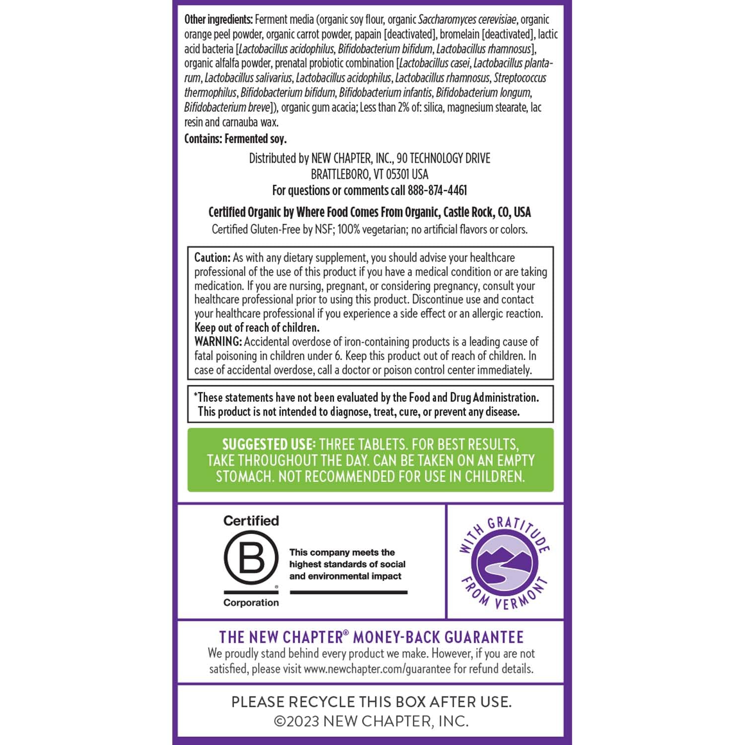 New Chapter Advanced Prenatal organic vegetables and herbs source label