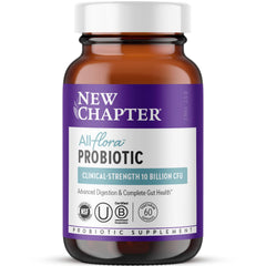 New Chapter All-Flora bottle label highlights probiotic branding and daily digestive comfort.