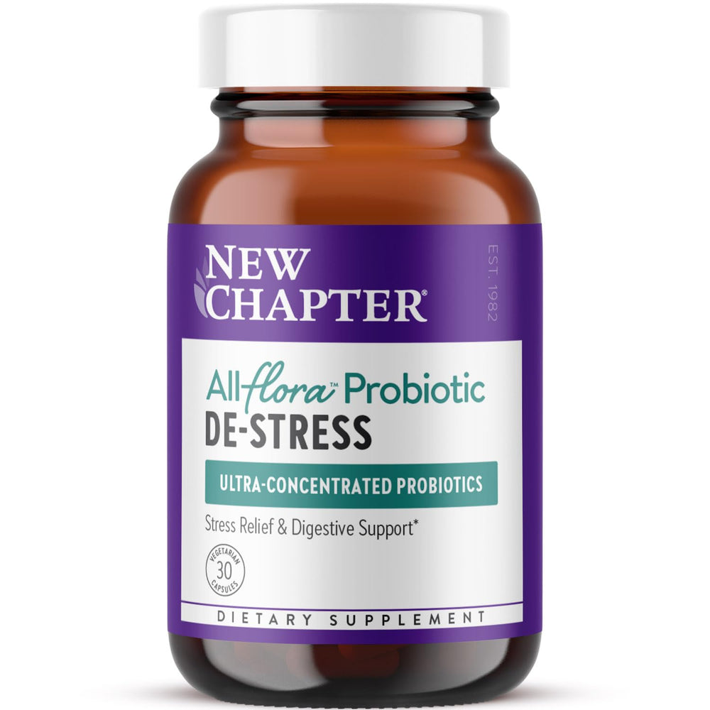 New Chapter All-Flora De-Stress bottle label highlights brand and probiotic focus.