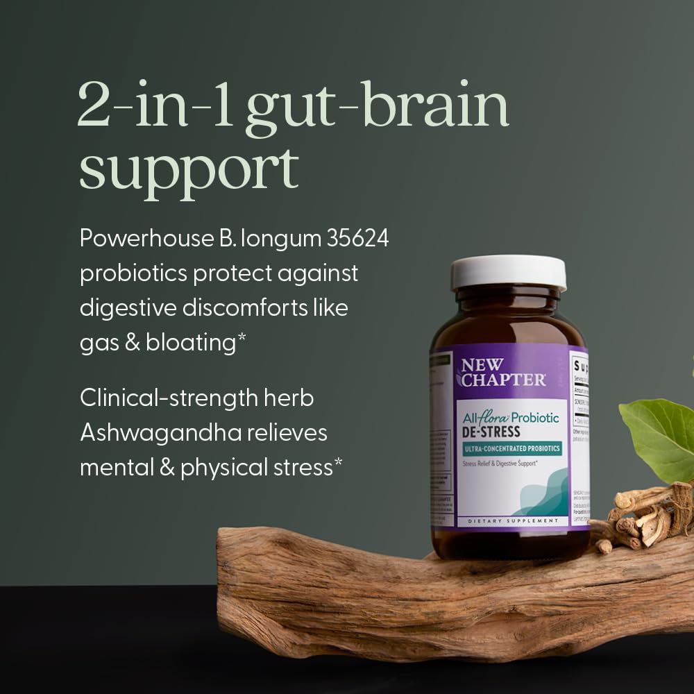 New Chapter All-Flora De-Stress bottle pour demonstrates easy daily dosing.