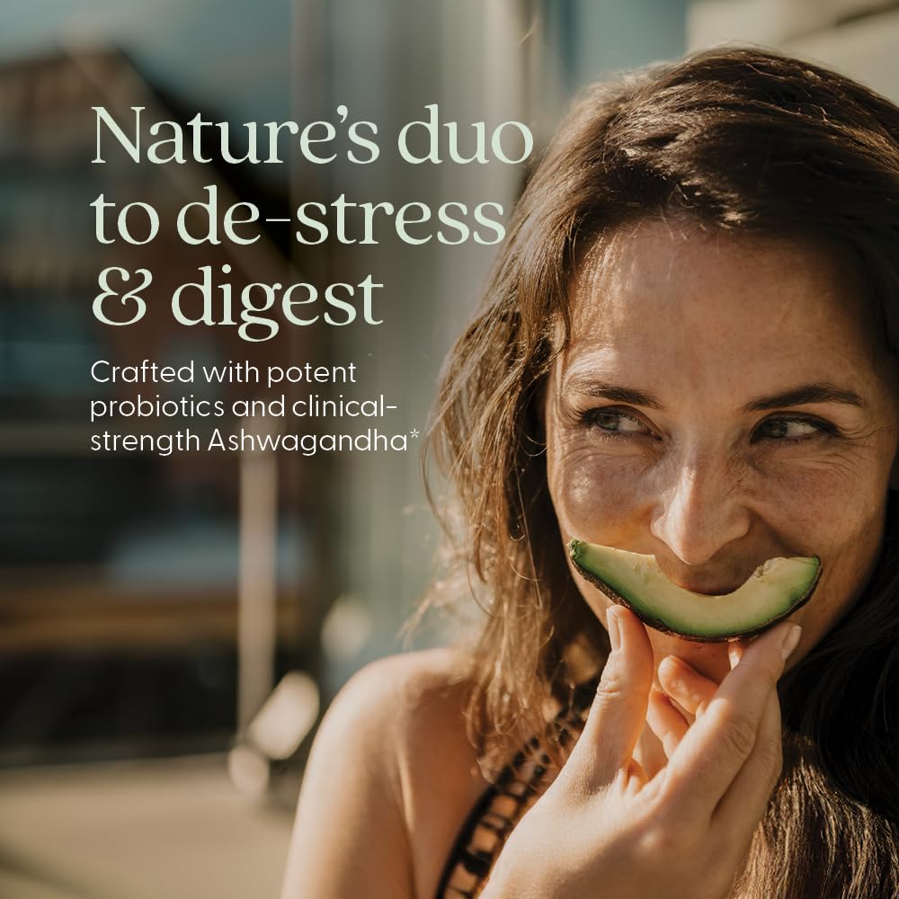 New Chapter All-Flora De-Stress capsules close-up showing compact probiotic blend.