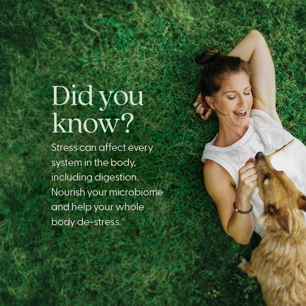 New Chapter All-Flora De-Stress probiotic culture visible for gut balance.
