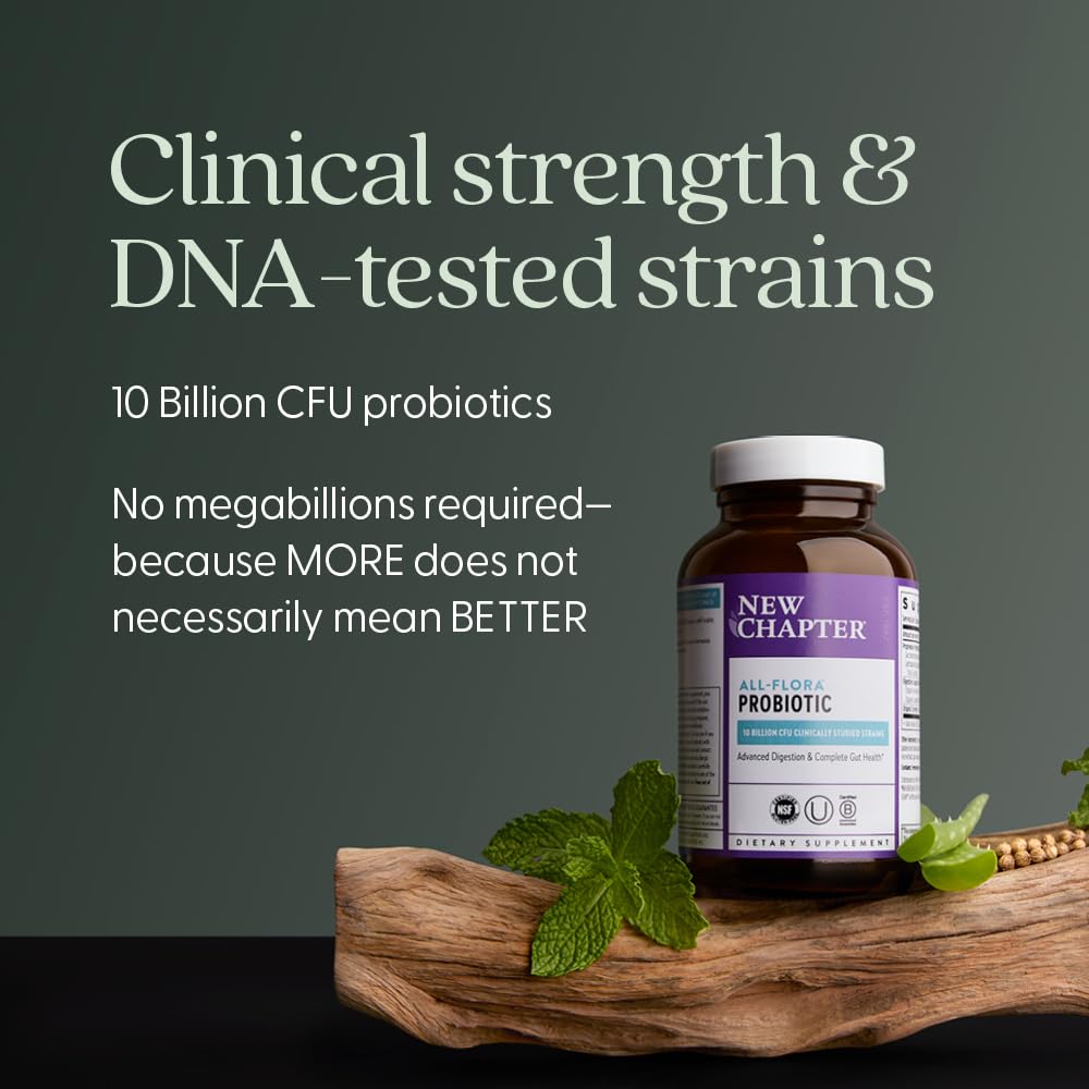 New Chapter All-Flora DNA-tested identity confirms trusted probiotic selection for gut balance.