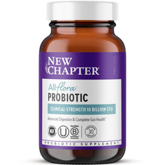 New Chapter All-Flora probiotic bottle front label highlighting shelf-stable formula.