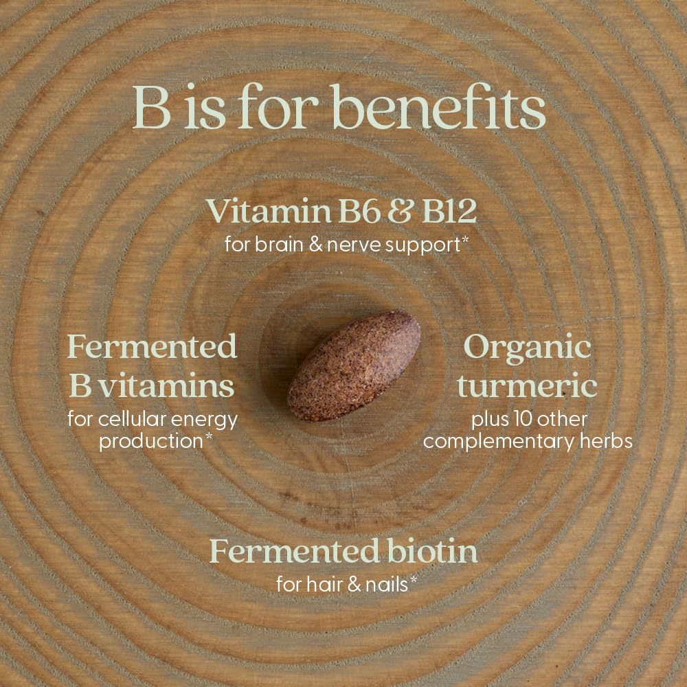 New Chapter Vitamin B Complex fermentation process highlight for gentle absorption.