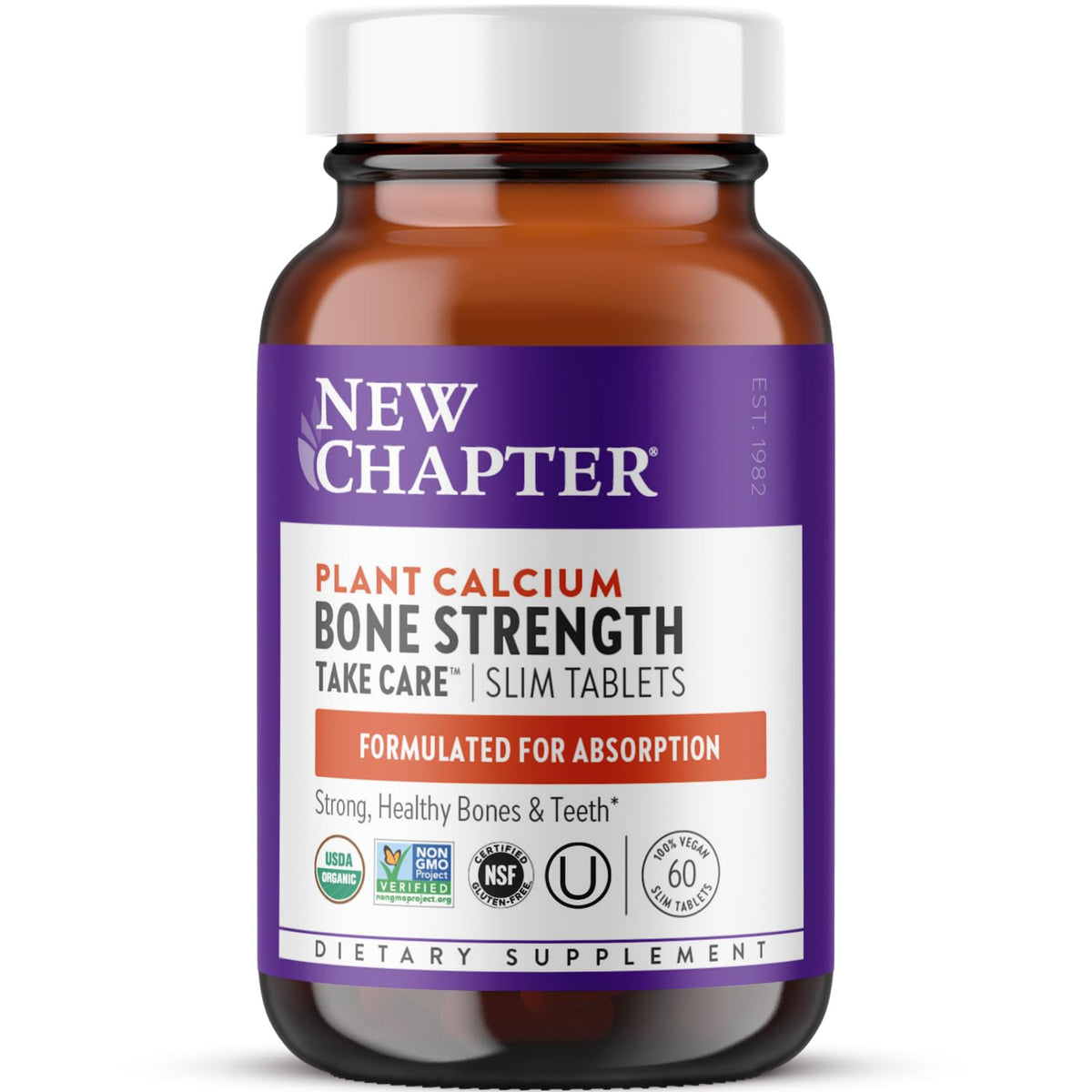 New Chapter calcium bottle showing Icelandic red marine algae formula for plant-based nutrition and minerals