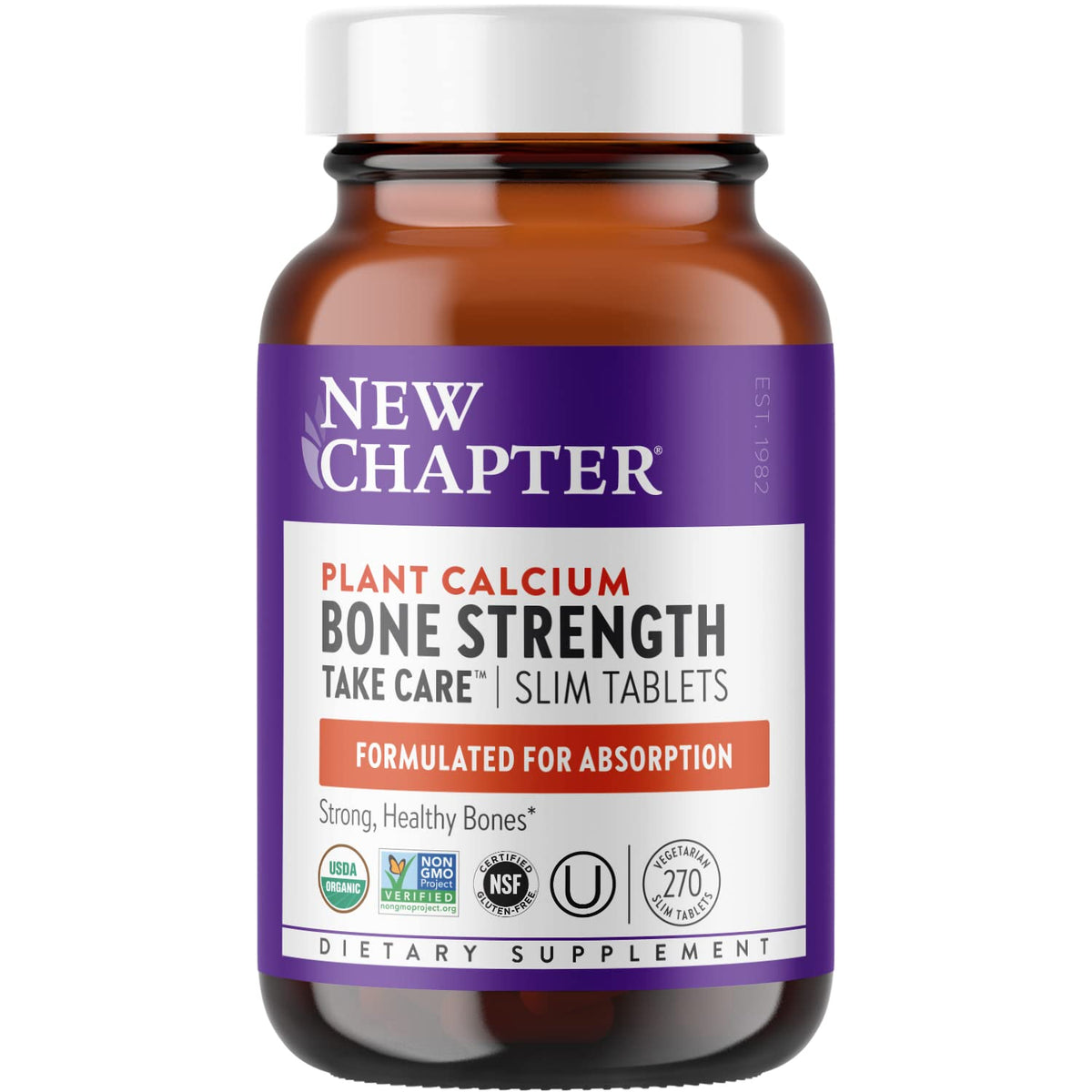 New Chapter calcium bottle displaying plant-based formula for bone support and easy swallowing.