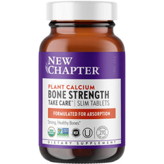 New Chapter calcium bottle displaying plant-based formula for bone support and easy swallowing.