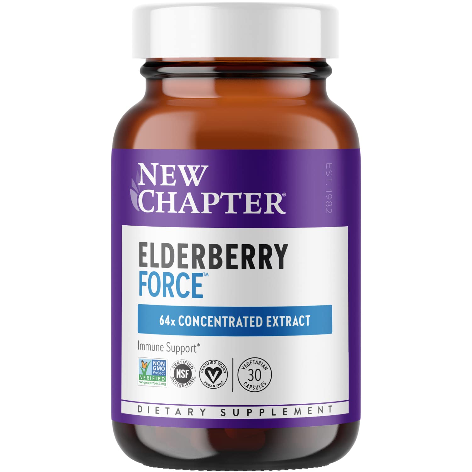 New Chapter Elderberry Force bottle front showing capsules for year-round immune support.