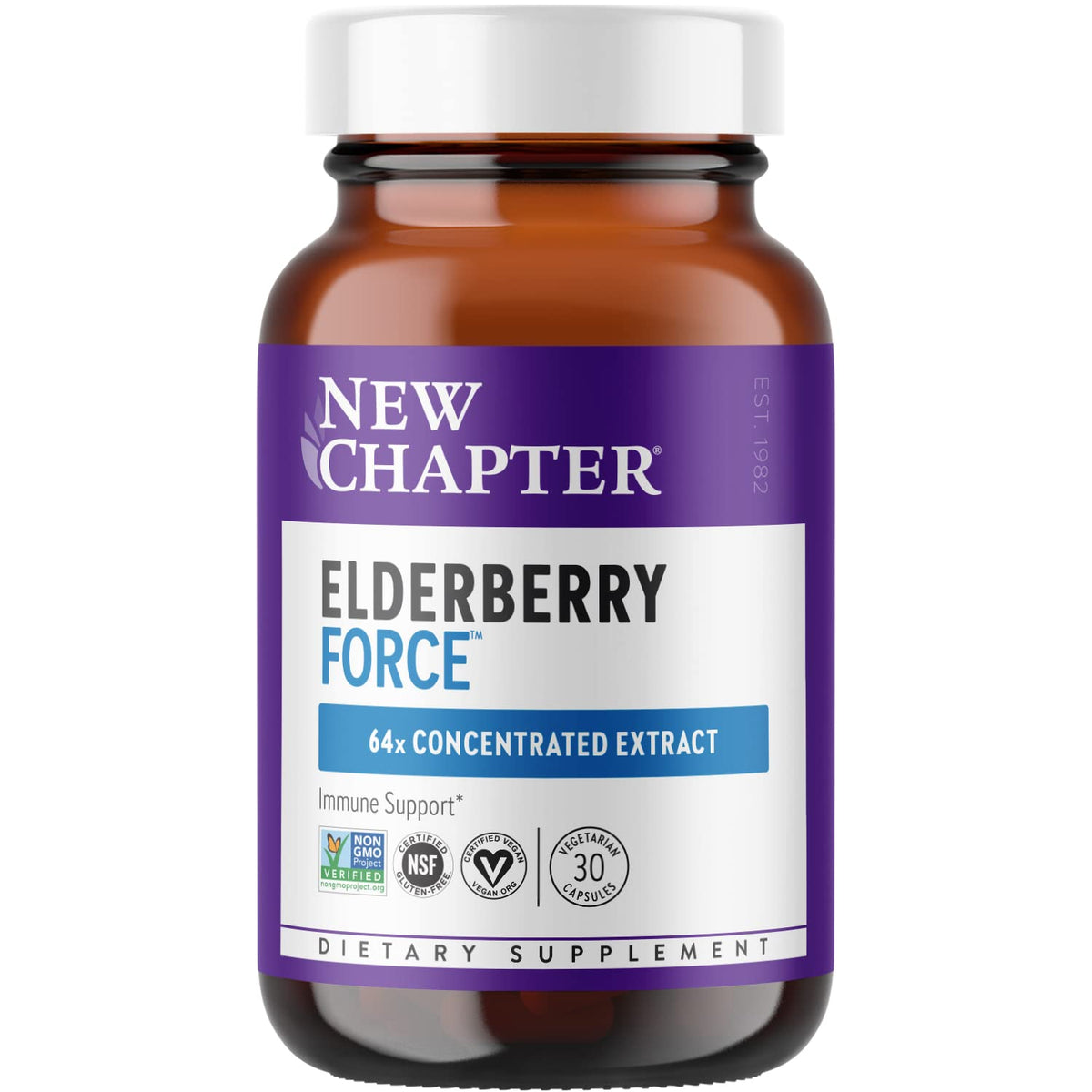 New Chapter Elderberry Force bottle front showing capsules for year-round immune support.
