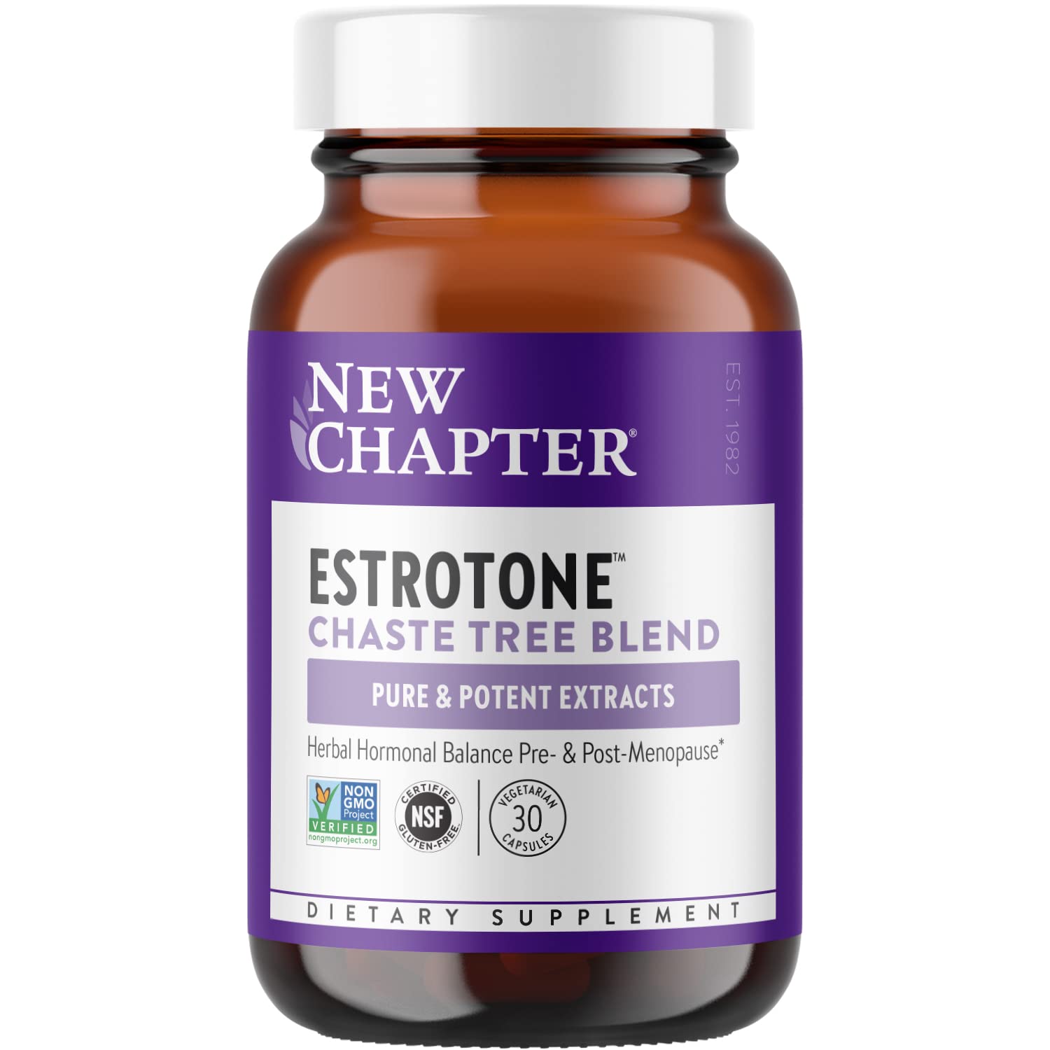 New Chapter Estrotone bottle closeup for balanced menopause support.