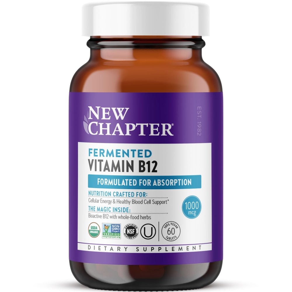 New Chapter fermented vitamin B12 bottle front shows organic vegan supplement for daily energy.