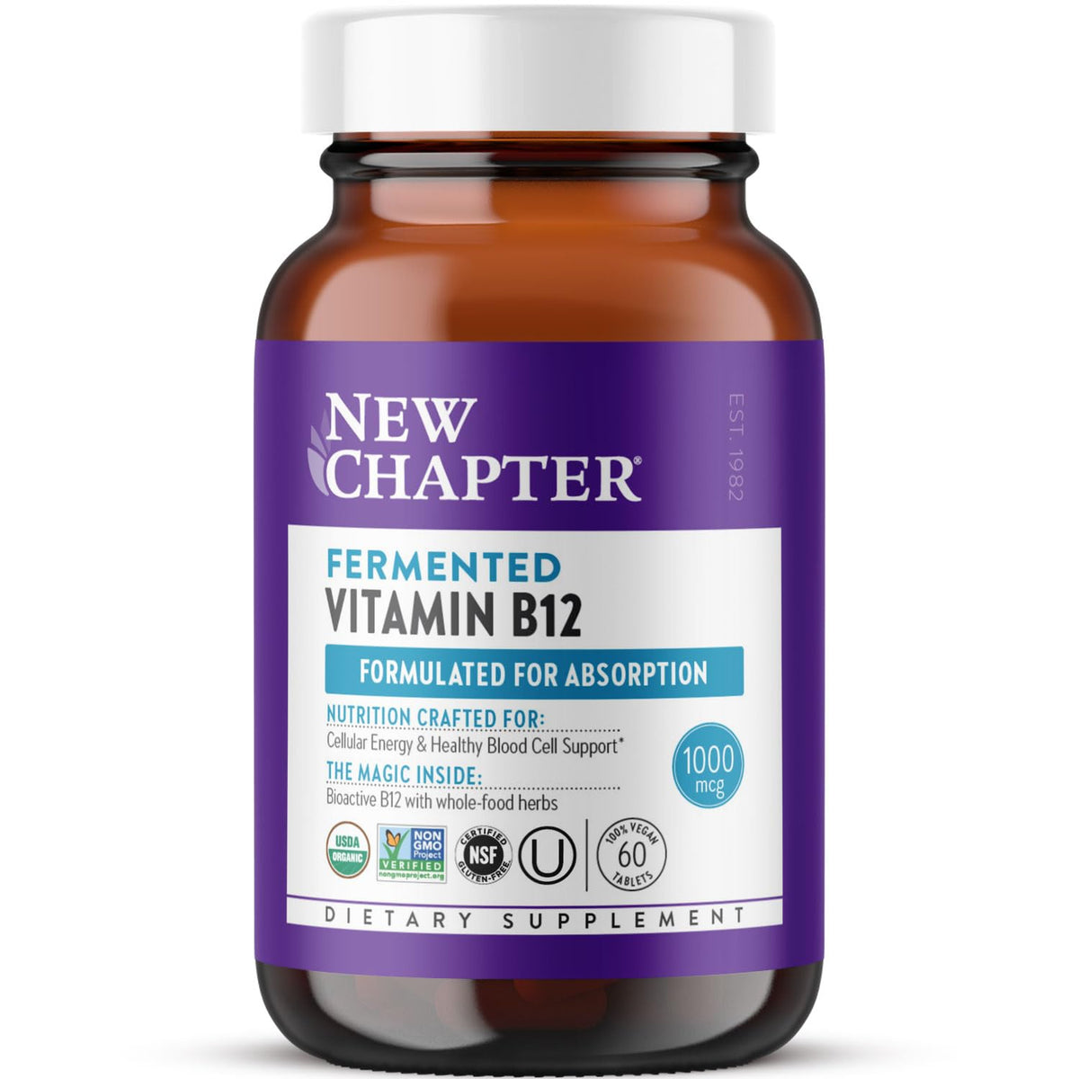 New Chapter fermented vitamin B12 bottle front shows organic vegan supplement for daily energy.