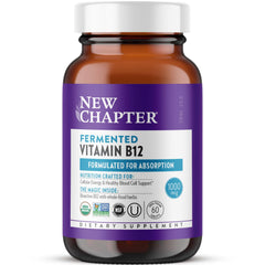 New Chapter fermented vitamin B12 bottle front shows organic vegan supplement for daily energy.