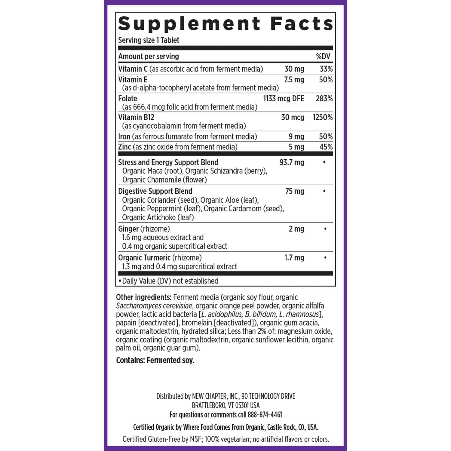 New Chapter Iron packaging highlights non-GMO, gluten-free, vegetarian, kosher status.
