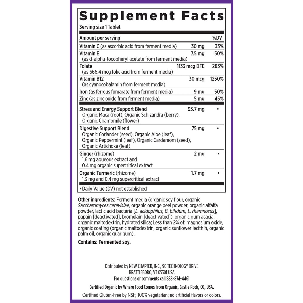New Chapter Iron packaging highlights non-GMO, gluten-free, vegetarian, kosher status.