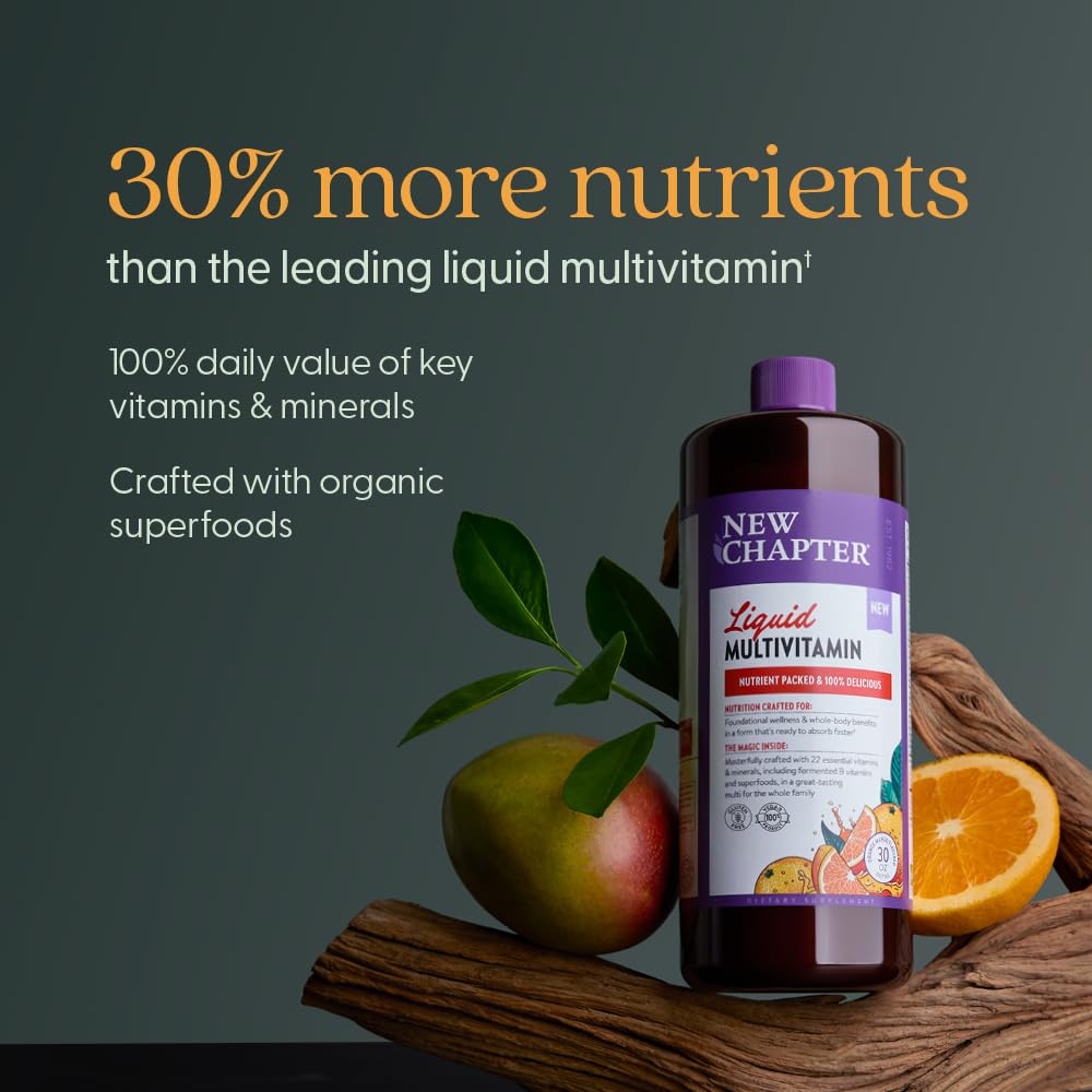 Close-up of New Chapter label shows 22 vitamins and family-friendly formula