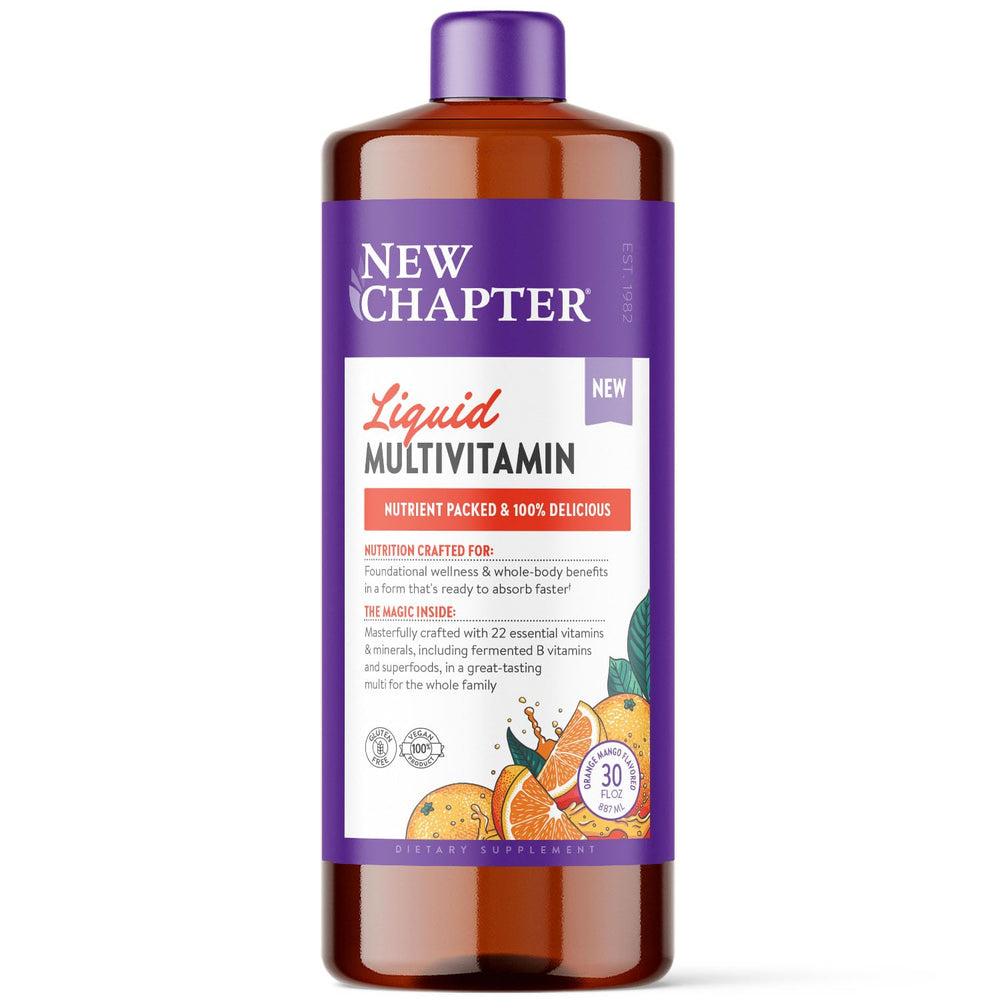 New Chapter orange mango liquid multivitamin bottle on countertop for daily wellness support