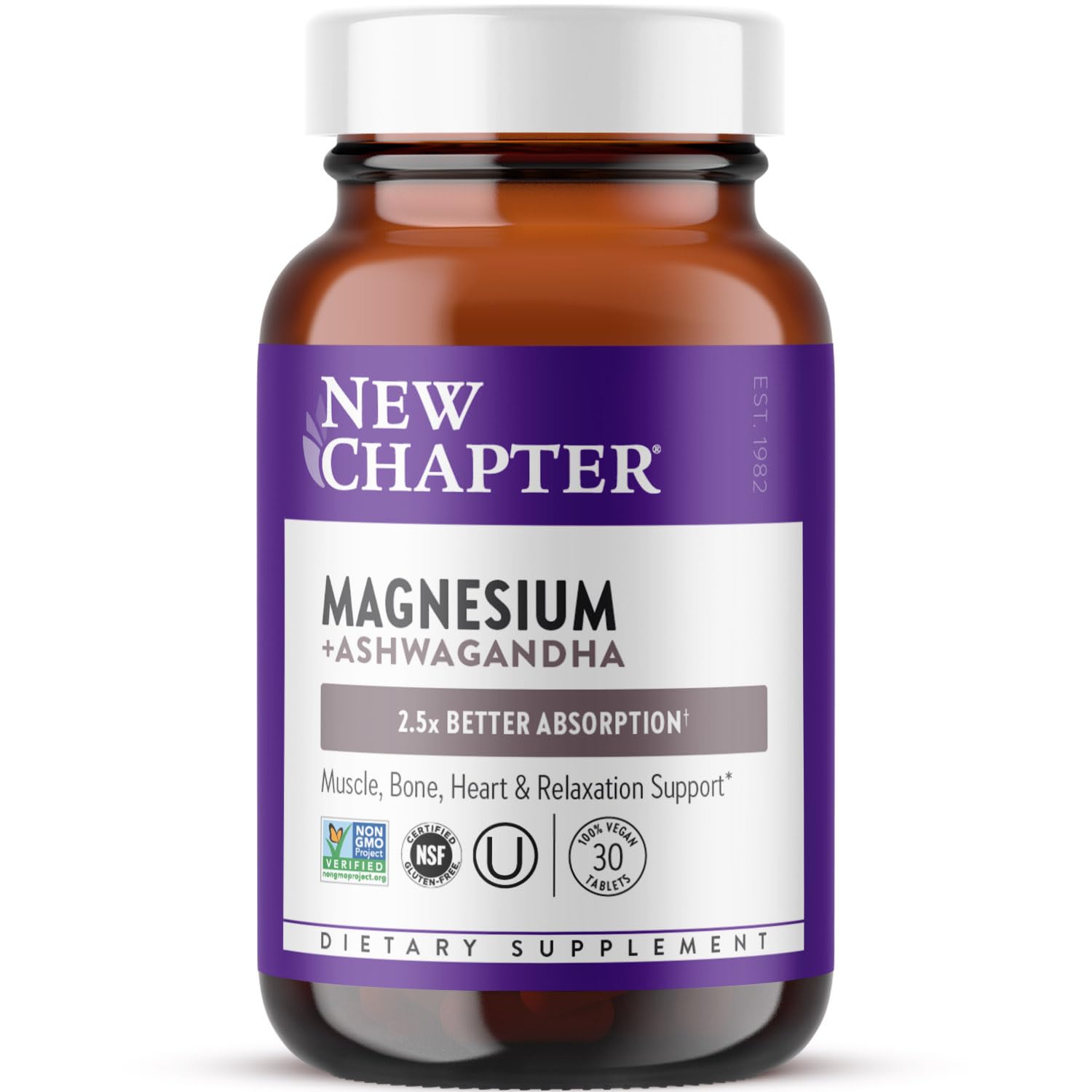 New Chapter magnesium ashwagandha bottle front for muscle support and recovery