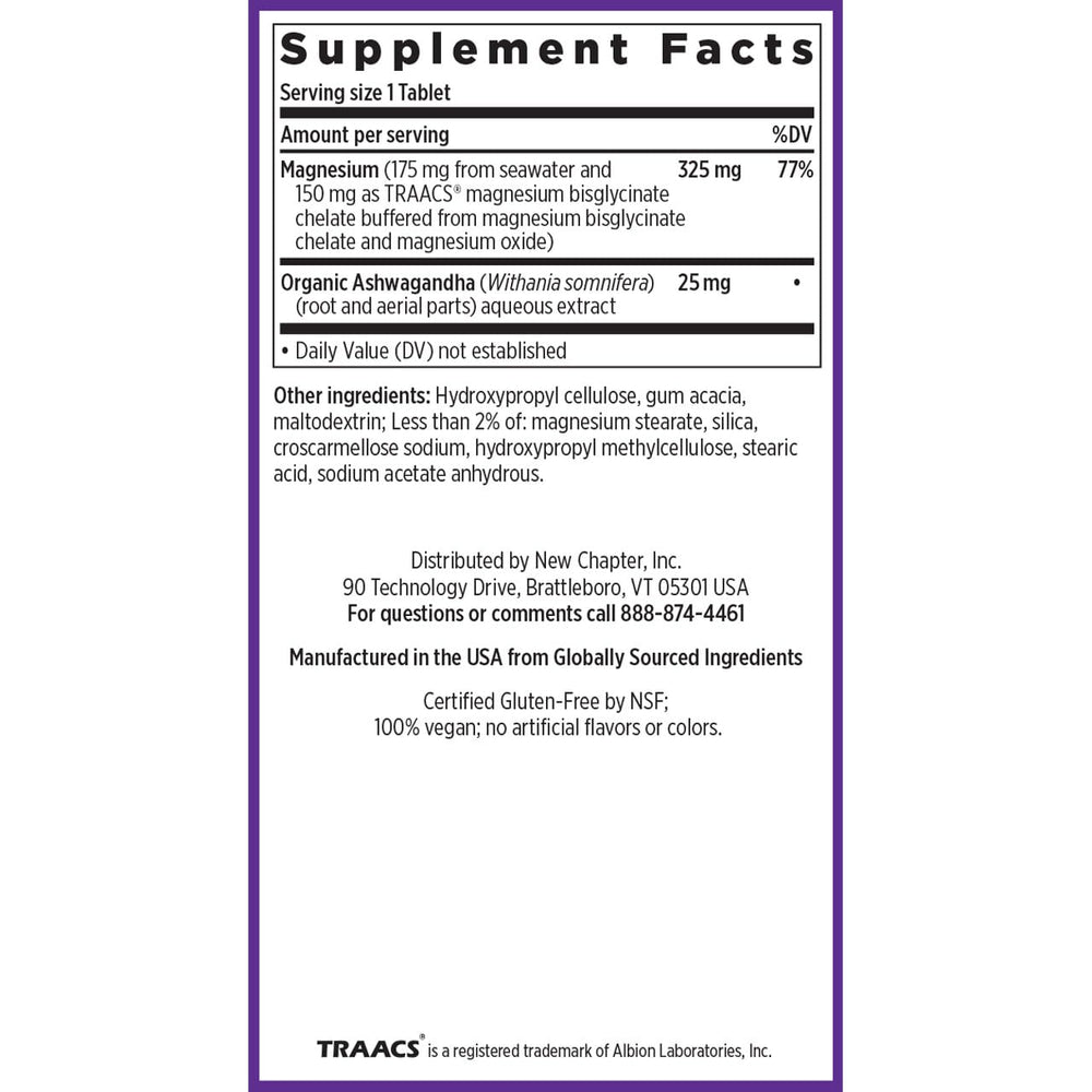 New Chapter magnesium ashwagandha capsules spilled beside bottle for daily dose