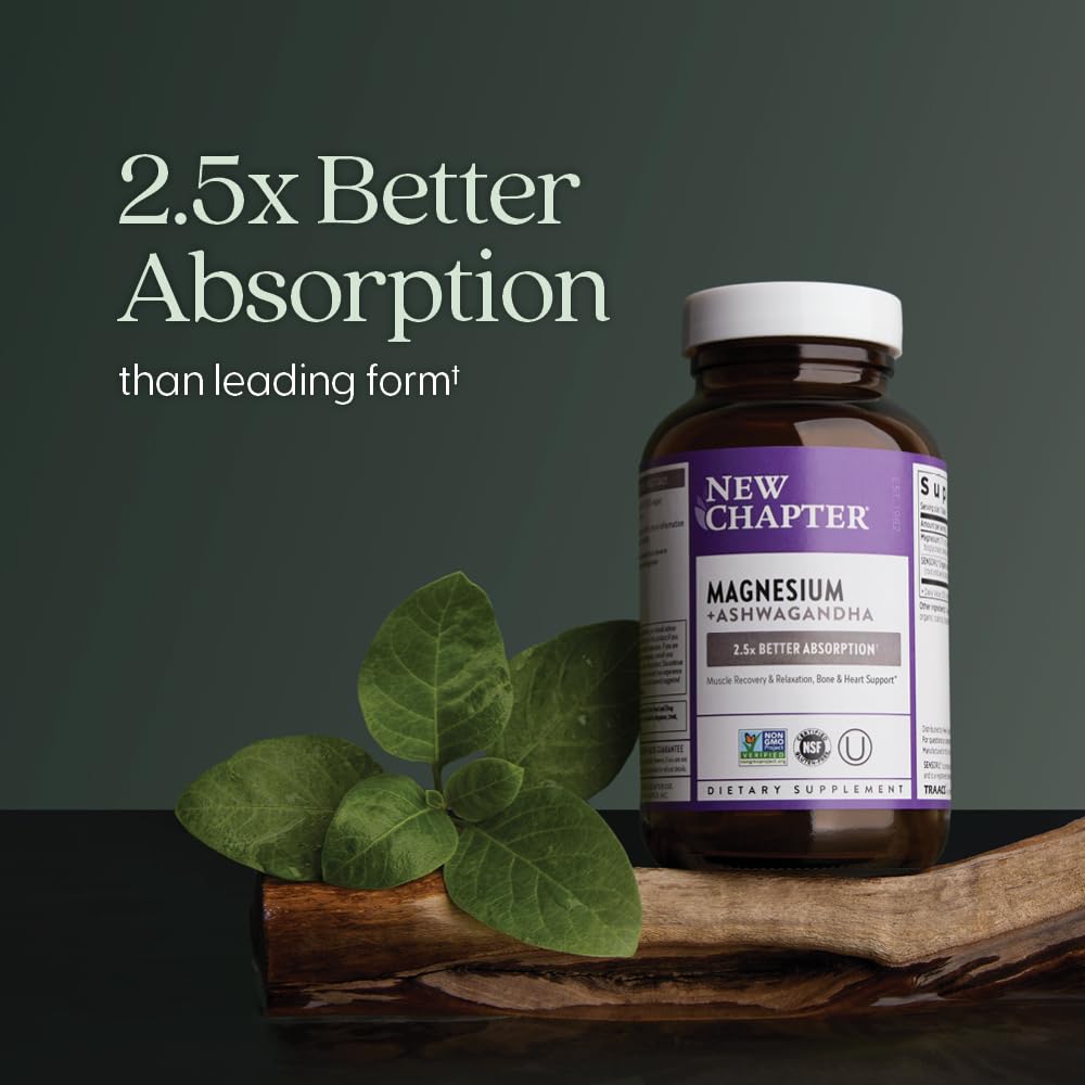 New Chapter magnesium ashwagandha label detail emphasizing TRAACS magnesium and non-GMO quality