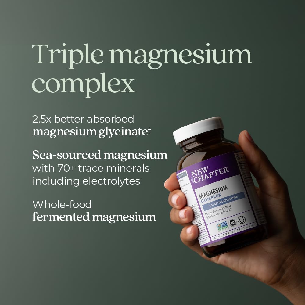 New Chapter Magnesium Complex capsules close-up highlighting high-absorption glycinate form.