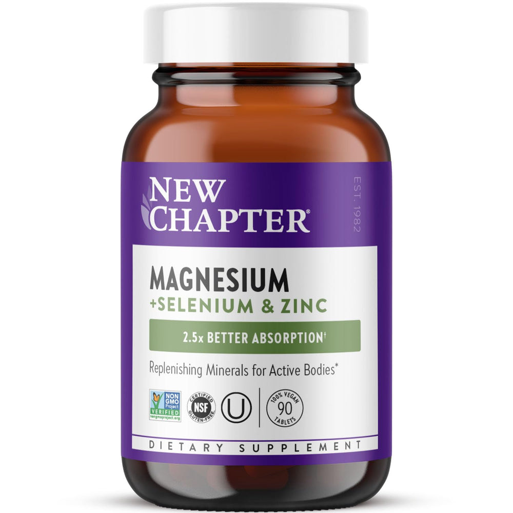 New Chapter Magnesium-Selenium-Zinc bottle supports active recovery and electrolyte balance.