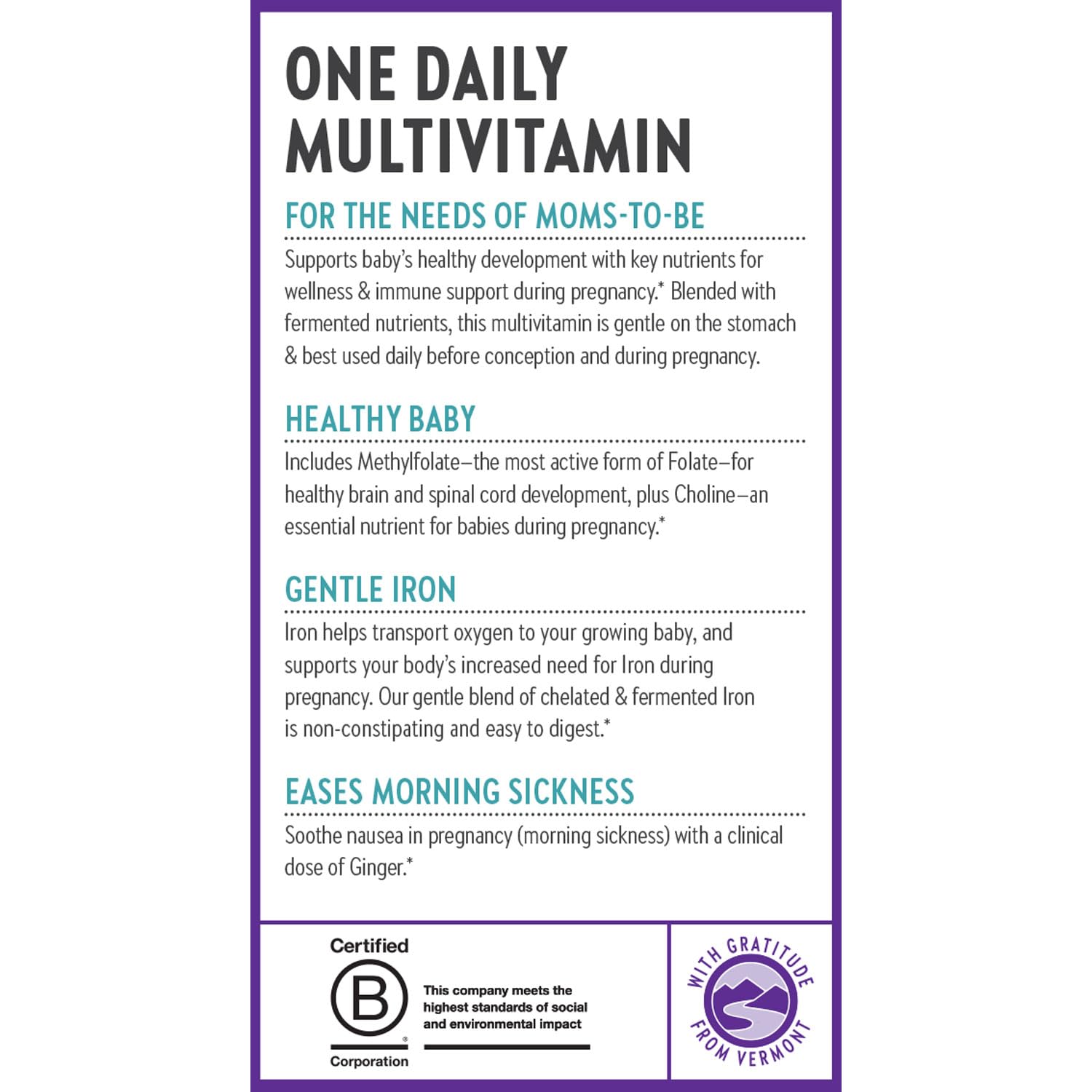 New Chapter Prenatal bottle packaging showcasing vegetarian and kosher certifications.