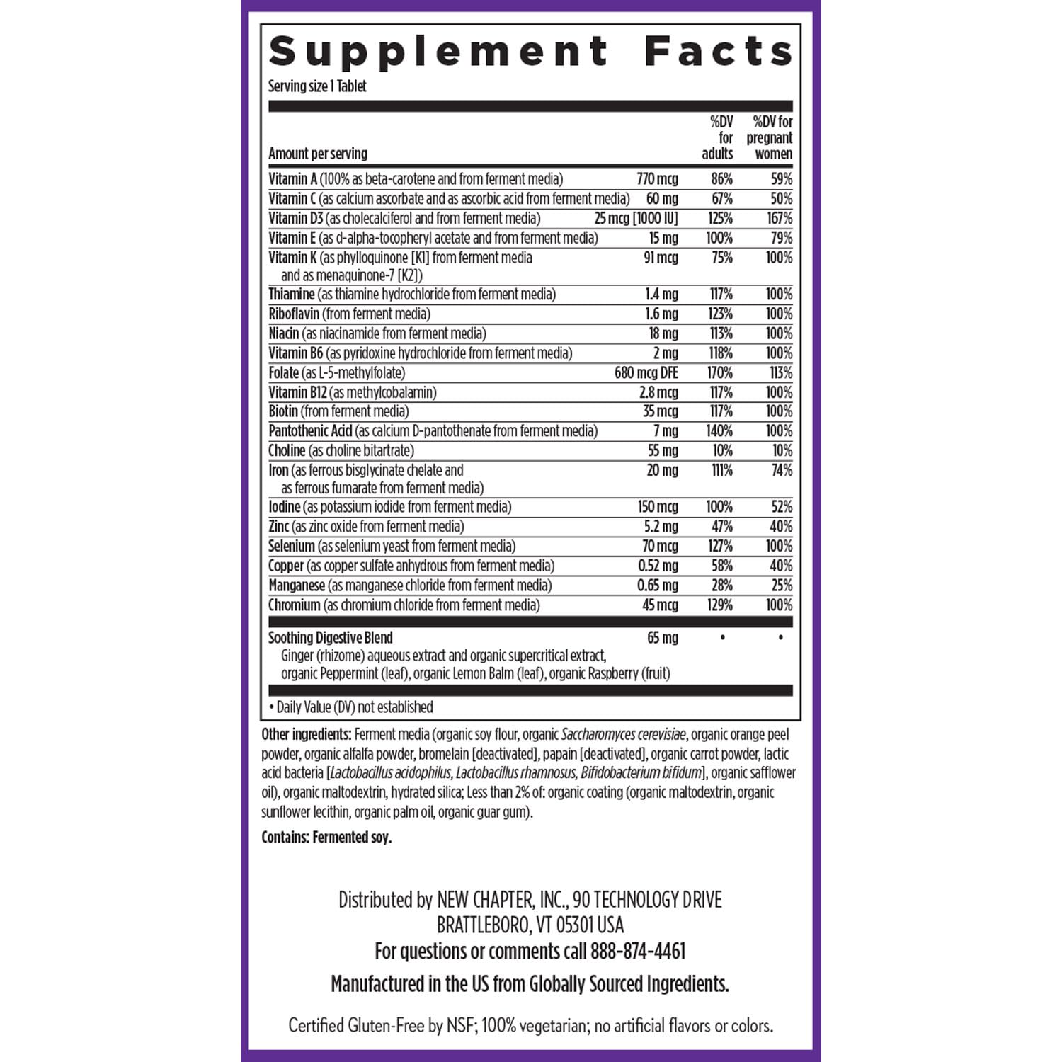 New Chapter Prenatal non-GMO gluten-free label for clean nutrition.