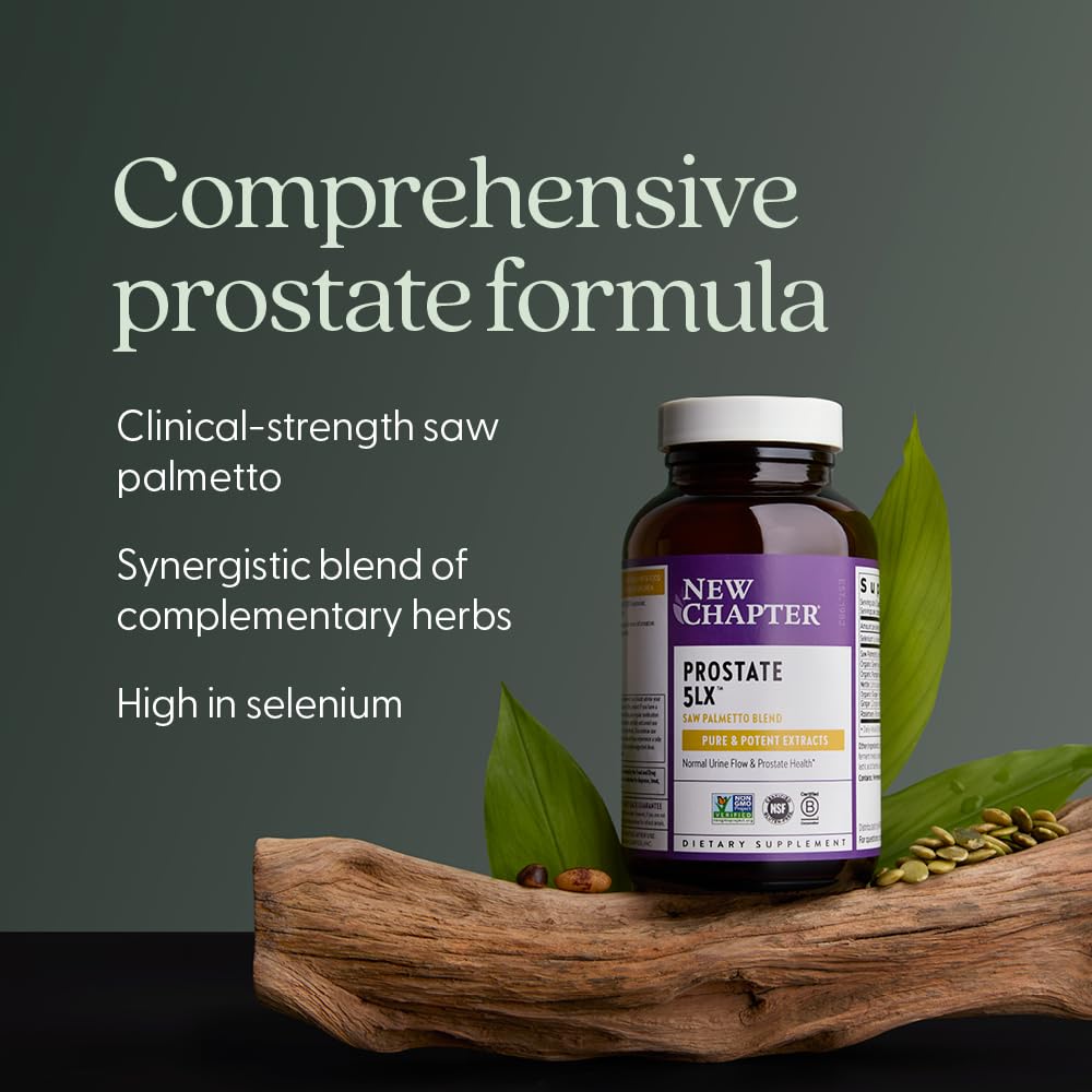 New Chapter Prostate 5LX ingredients panel image displaying nettle, saw palmetto, pumpkin seed.