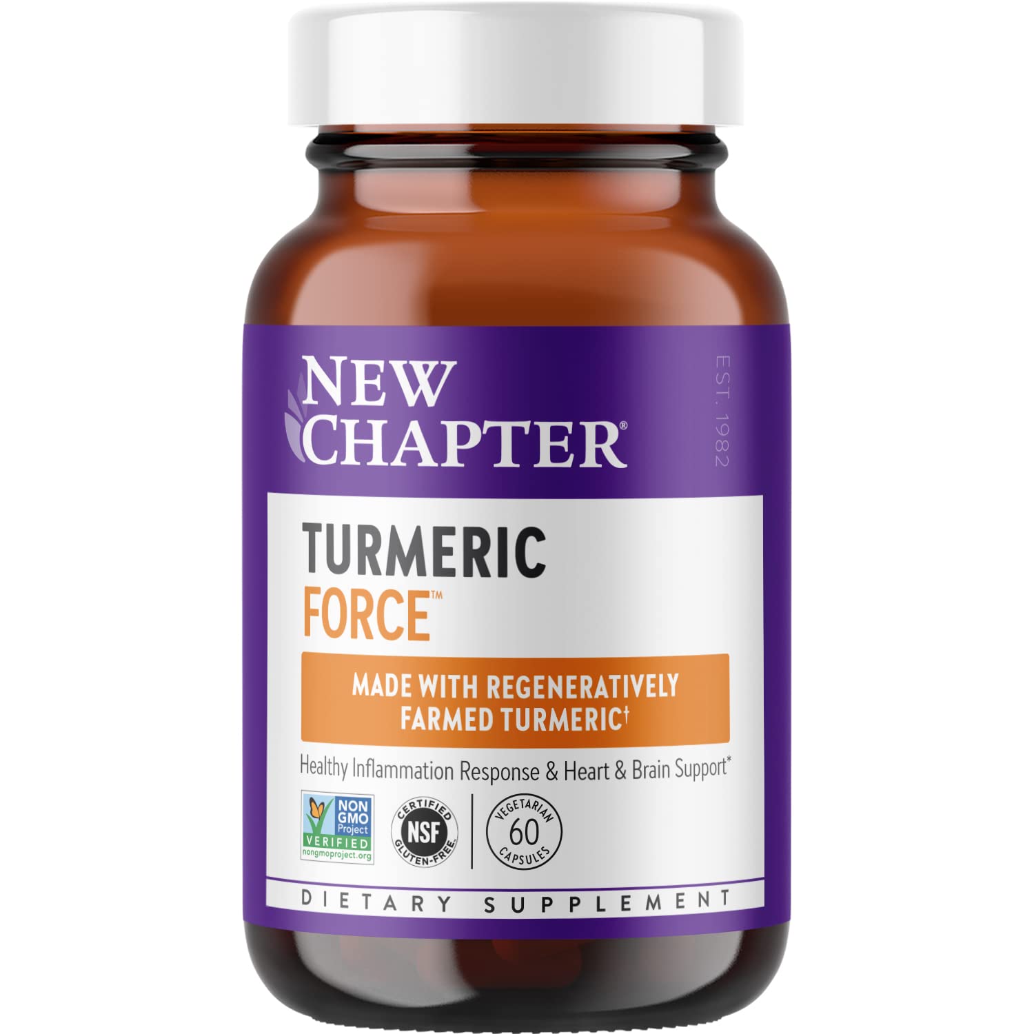 New Chapter Turmeric Force bottle-front shows 60-count capsules for daily inflammation support.