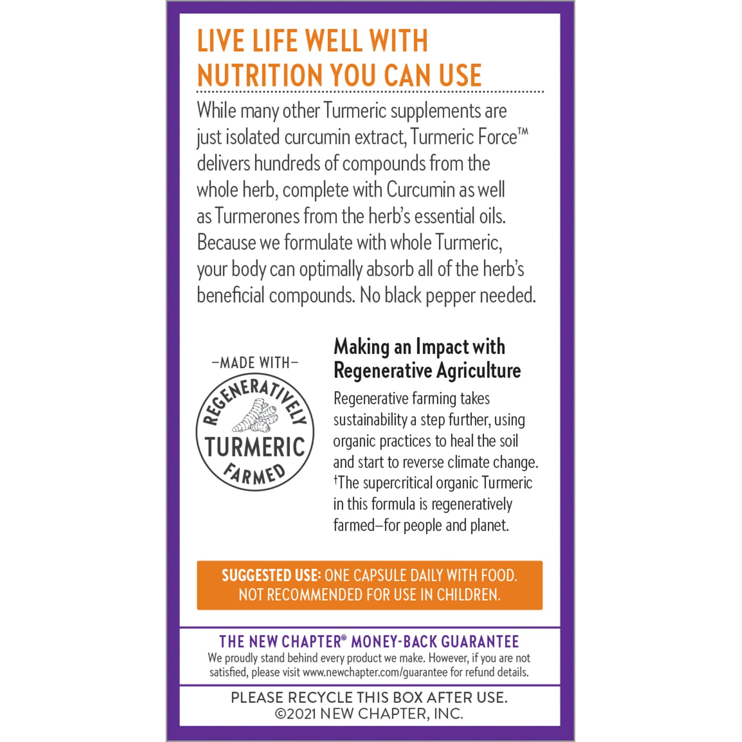 New Chapter Turmeric Force certifications-non-gmo-glutenfree badge conveys product purity.