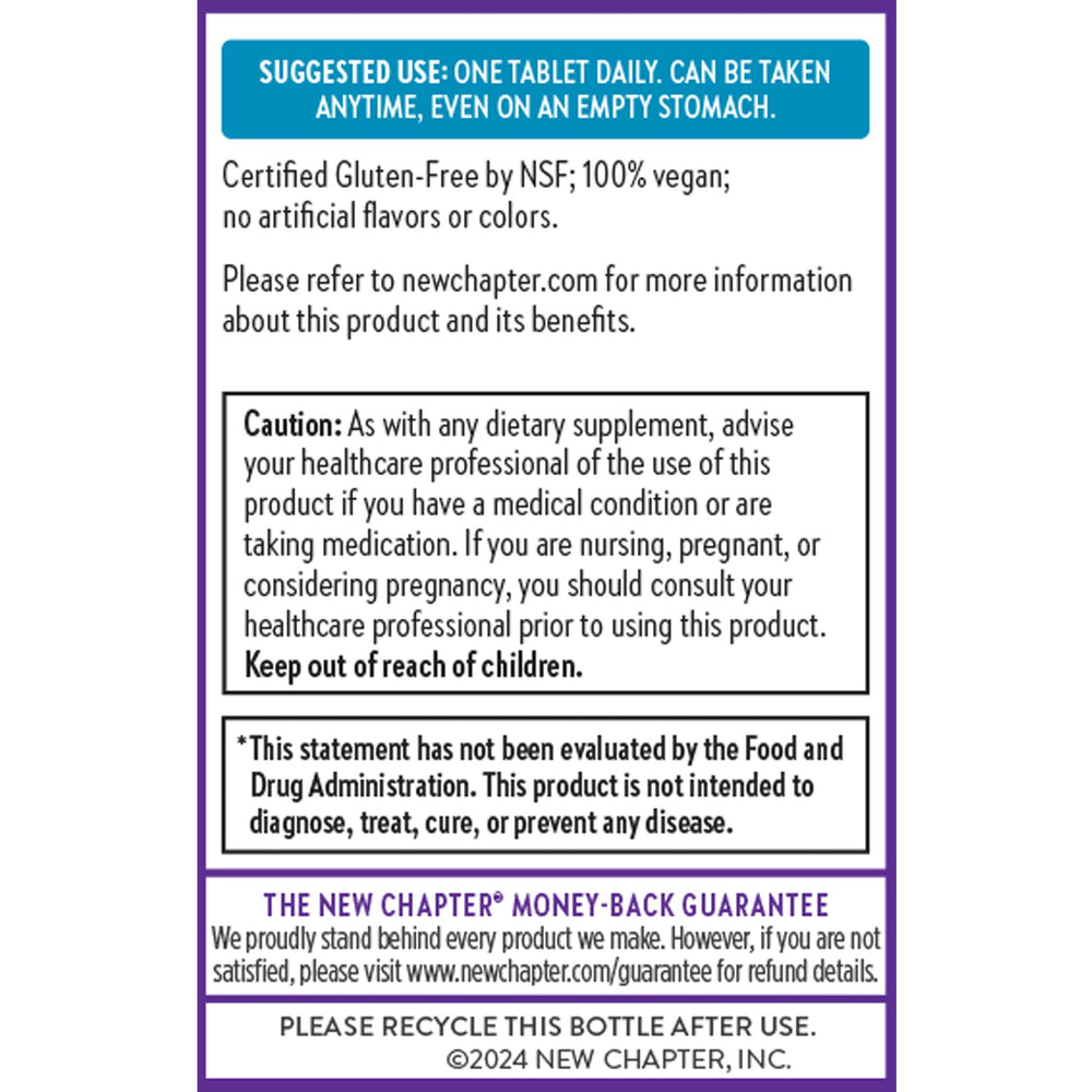 New Chapter vegan symbol highlights plant-based B12 source.